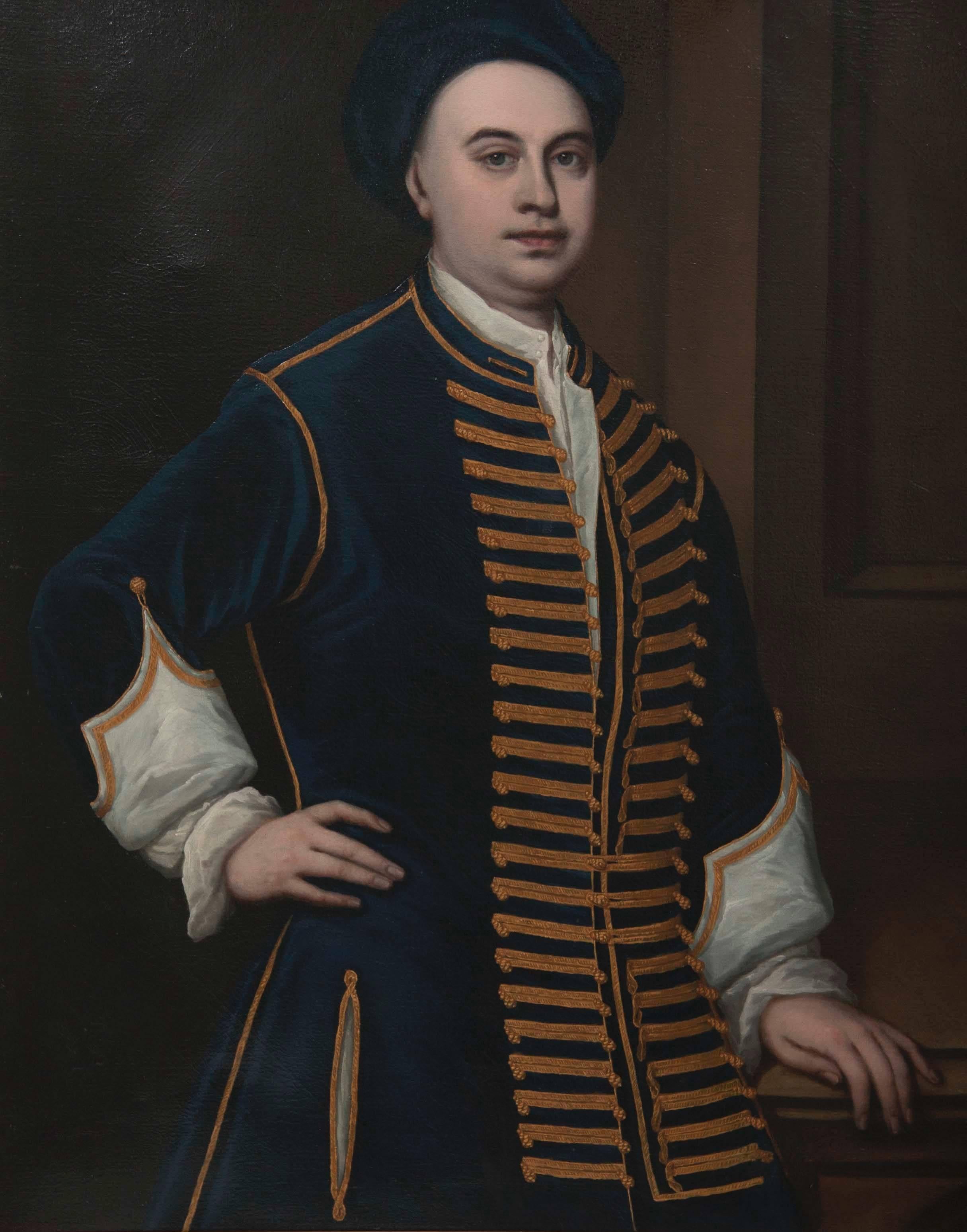An early 18th century British school portrait of a gentleman in blue coat. Unsigned oil on canvas.
 