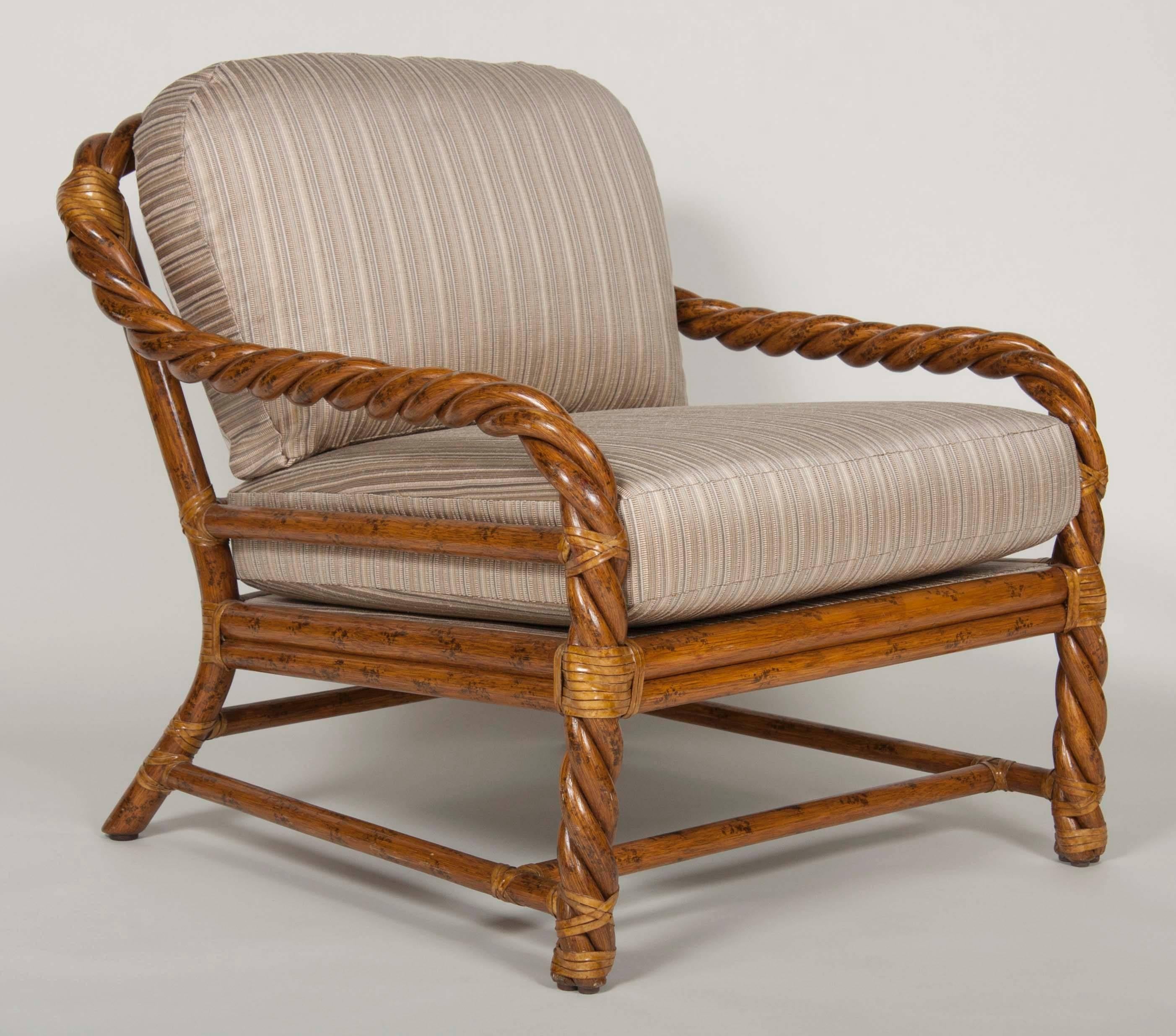 Mid-Century Modern Pair of Rattan Club Chairs and Ottoman by McGuire
