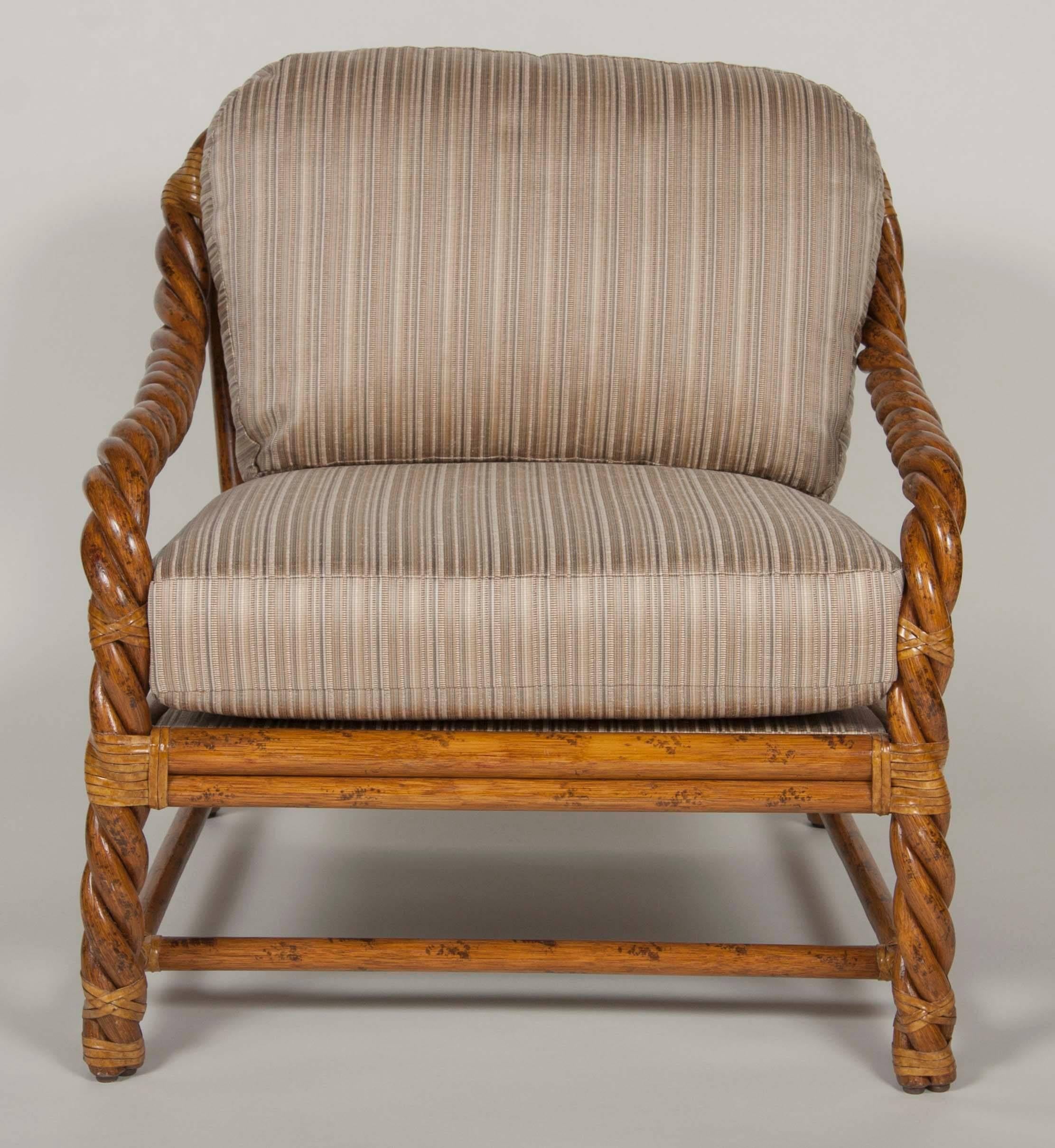 Pair of Rattan Club Chairs and Ottoman by McGuire In Excellent Condition In Stamford, CT