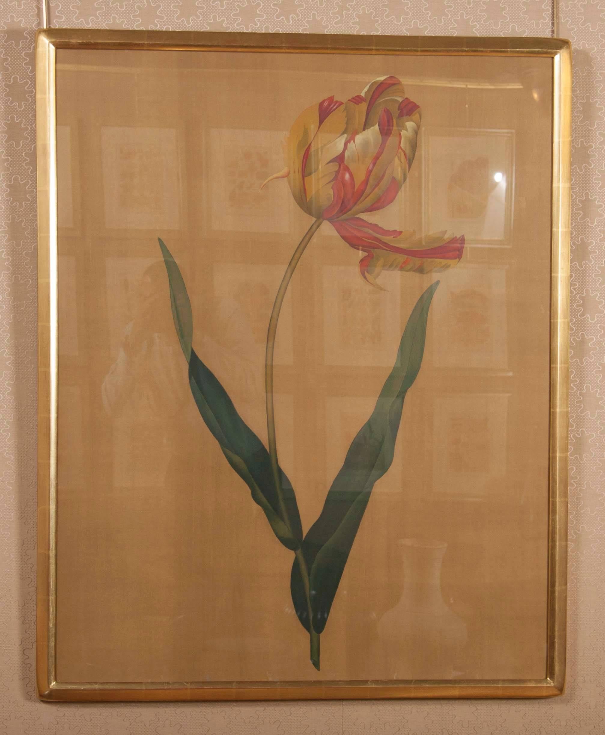 A pair of framed 19th century gouaches of tulips on silk, in the style of Castiglione (Lang Shining).