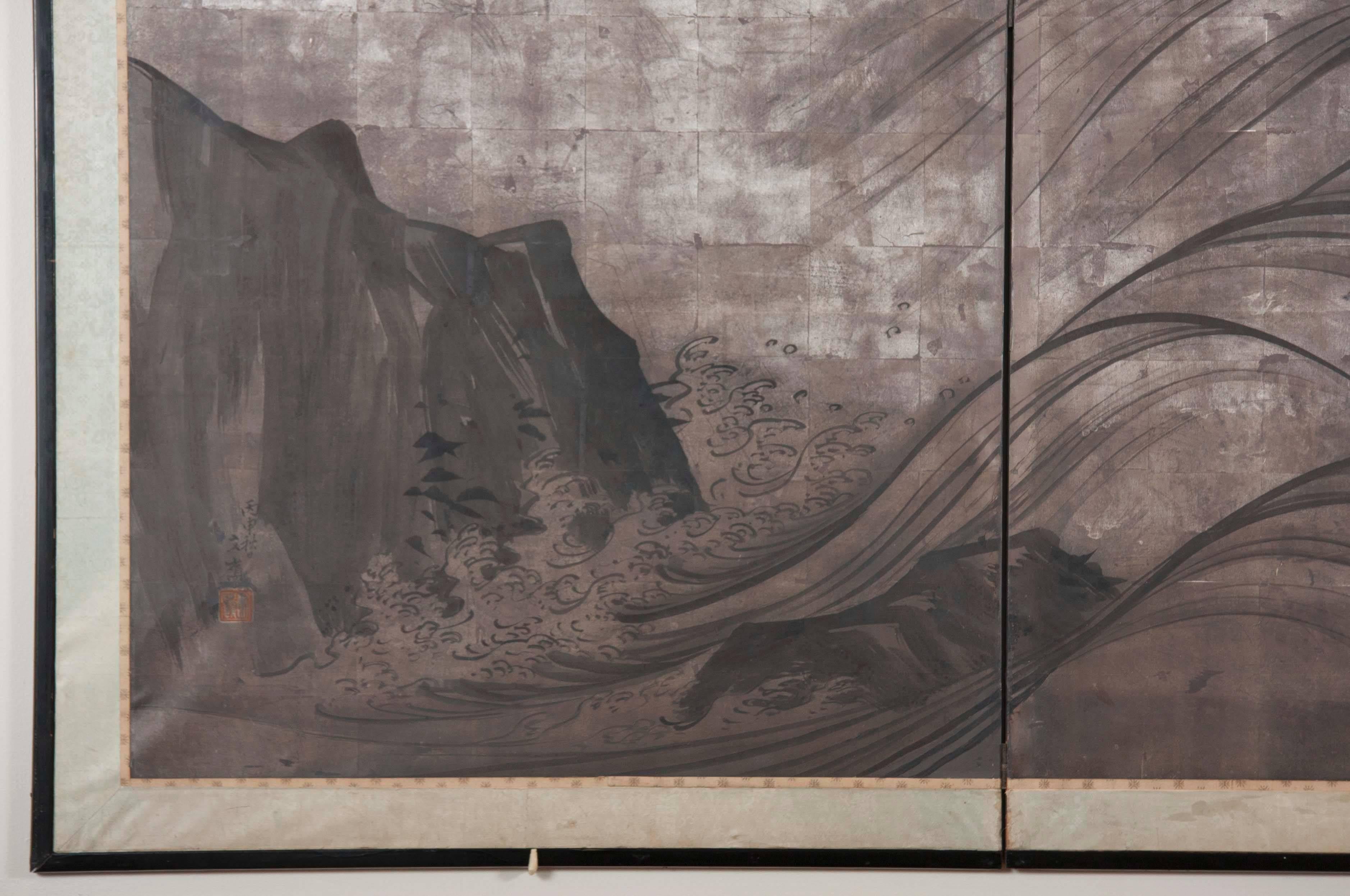 Late 19th Century Japanese Two-Panel Screen from the Kano School Byobu