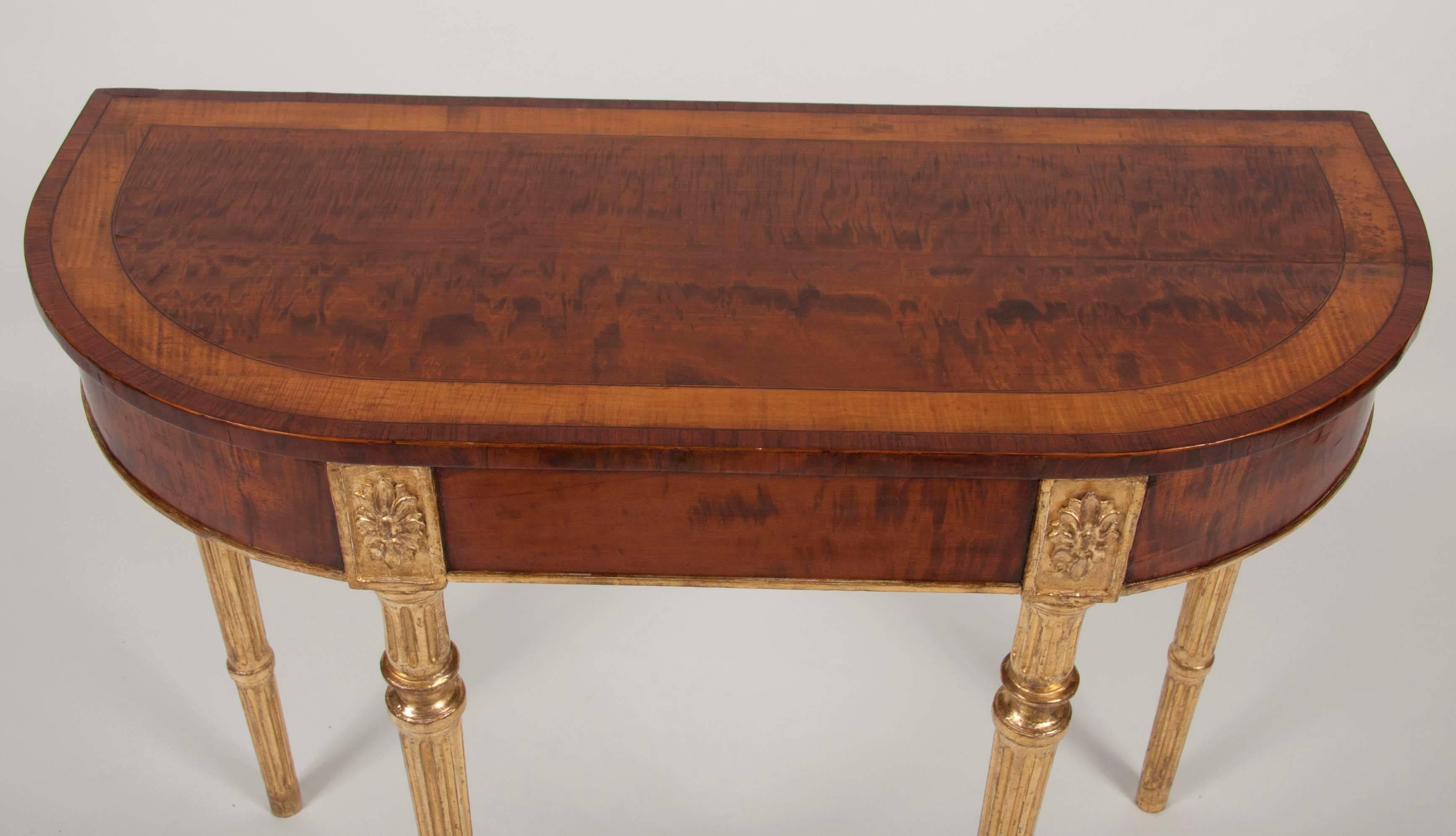 18th Century Pair of Matched George III Mahogany and Satinwood Parcel-Gilt Console Tables