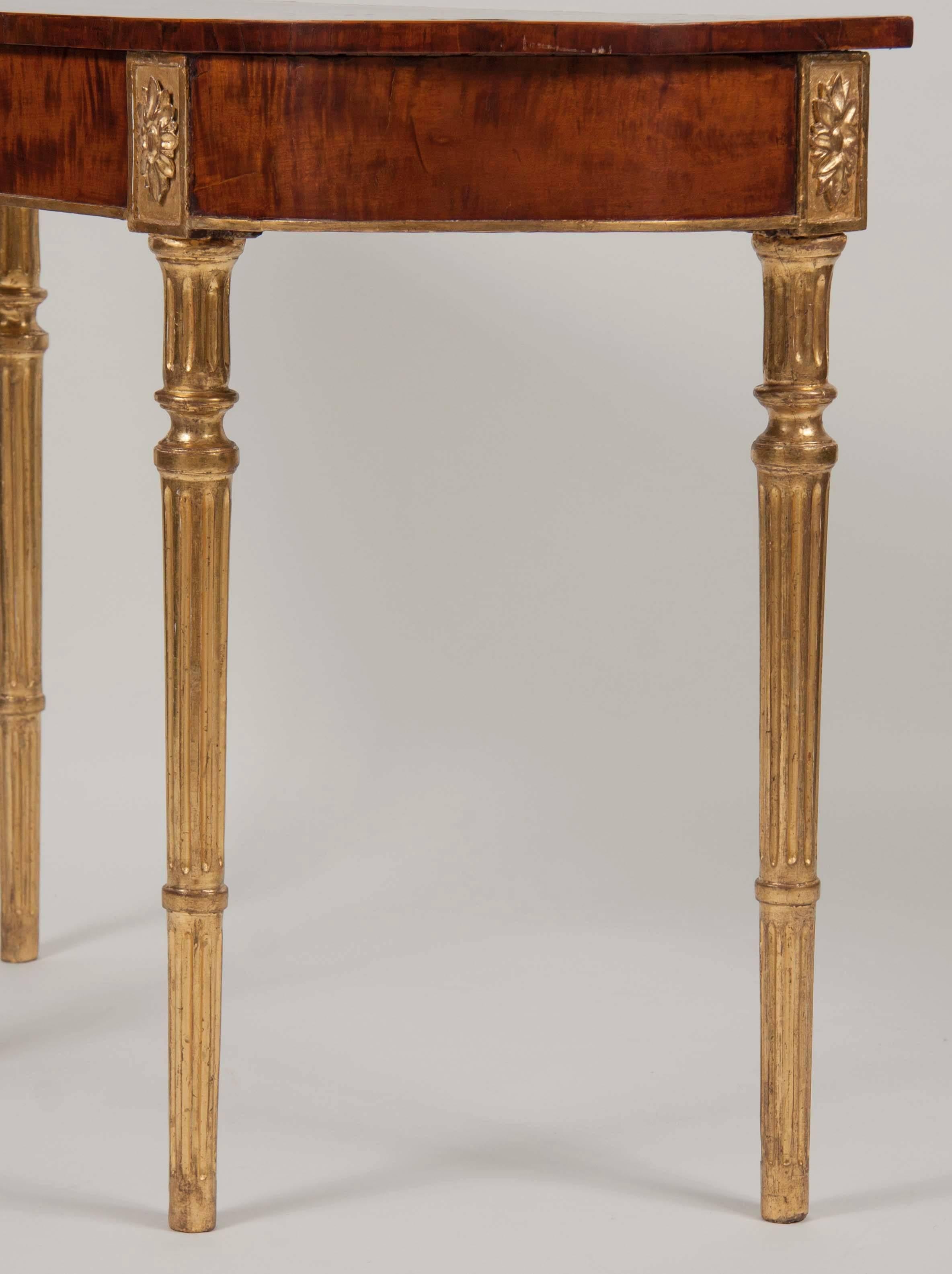Pair of Matched George III Mahogany and Satinwood Parcel-Gilt Console Tables In Good Condition In Stamford, CT