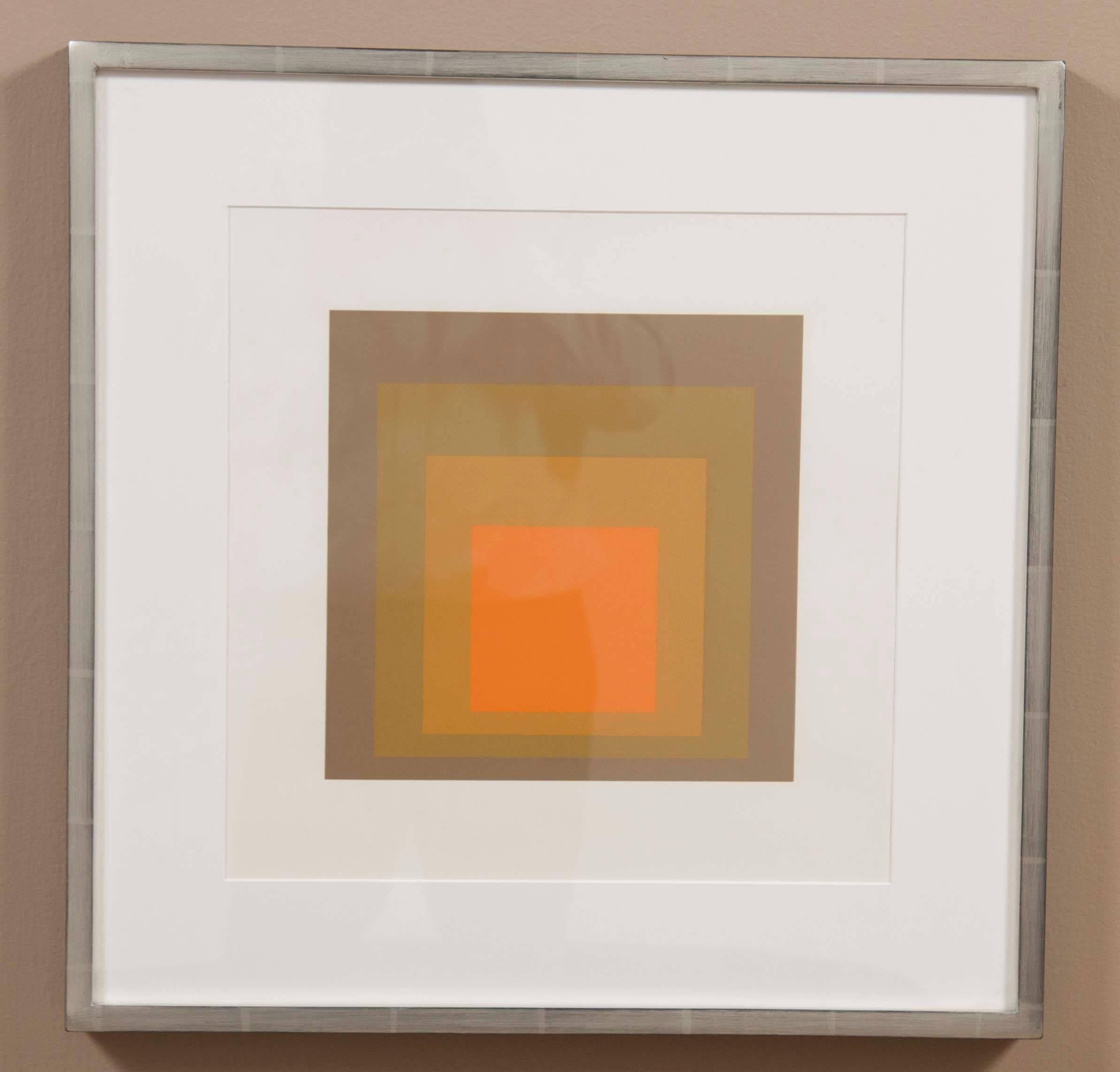 Josef Albers homage to the square from formations: Articulation 1972. Silkscreen prints floated in 12 karat white gold gilt frame using all acid free archival materials. From Portfolio #176 of 1000 printed.
Printed by Sirocco screen printing, New