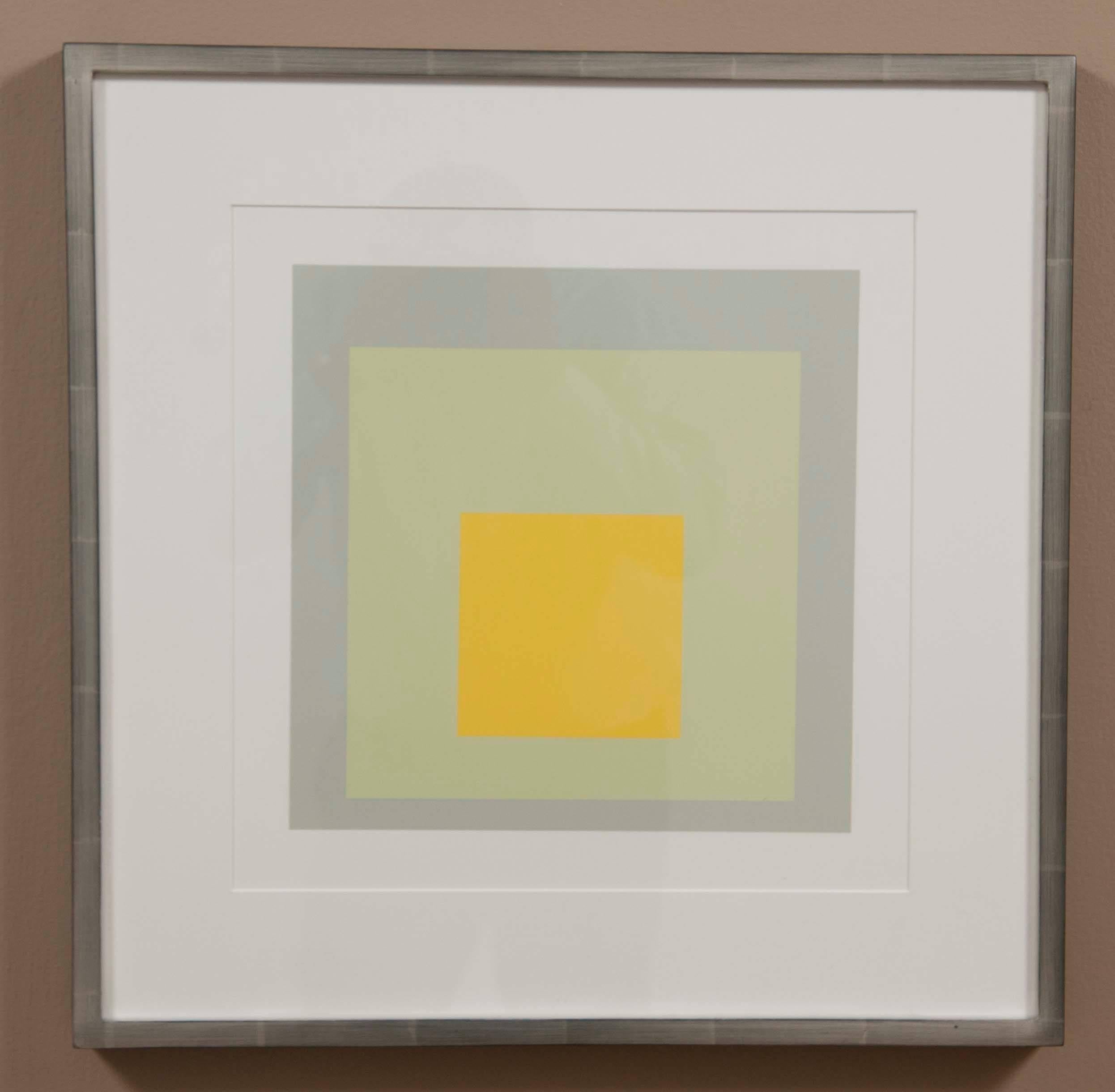 Josef Albers Homage to the square from Formations: Articulation 1972. Silkscreen prints, Folio 2. Floated in silver gilt frame using all acid free archival materials. #176 of 1000 printed.

Printed by Sirocco Screen printing, New Haven.