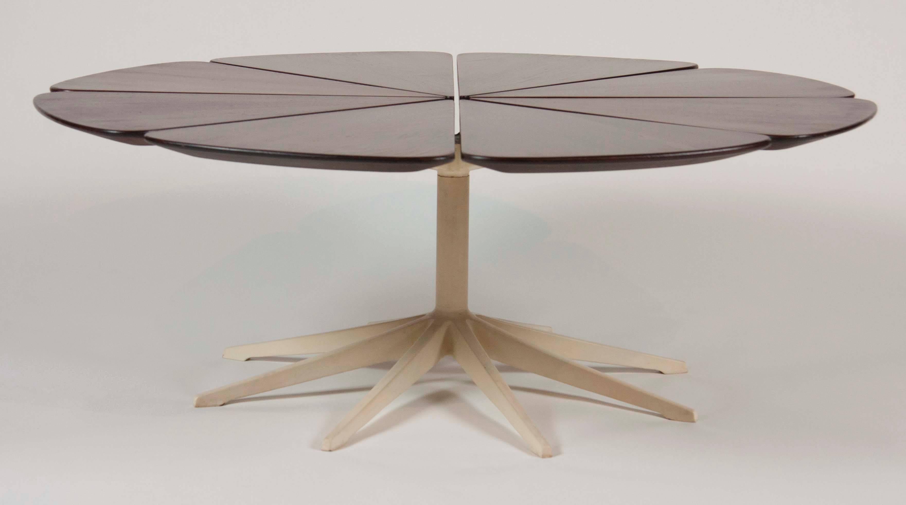 A Richard Schultz redwood Petal Coffee Table with enameled base. This Model 321 with redwood petals was made from 1960-75. Made by Knoll with a canvas Madison Avenue label.
