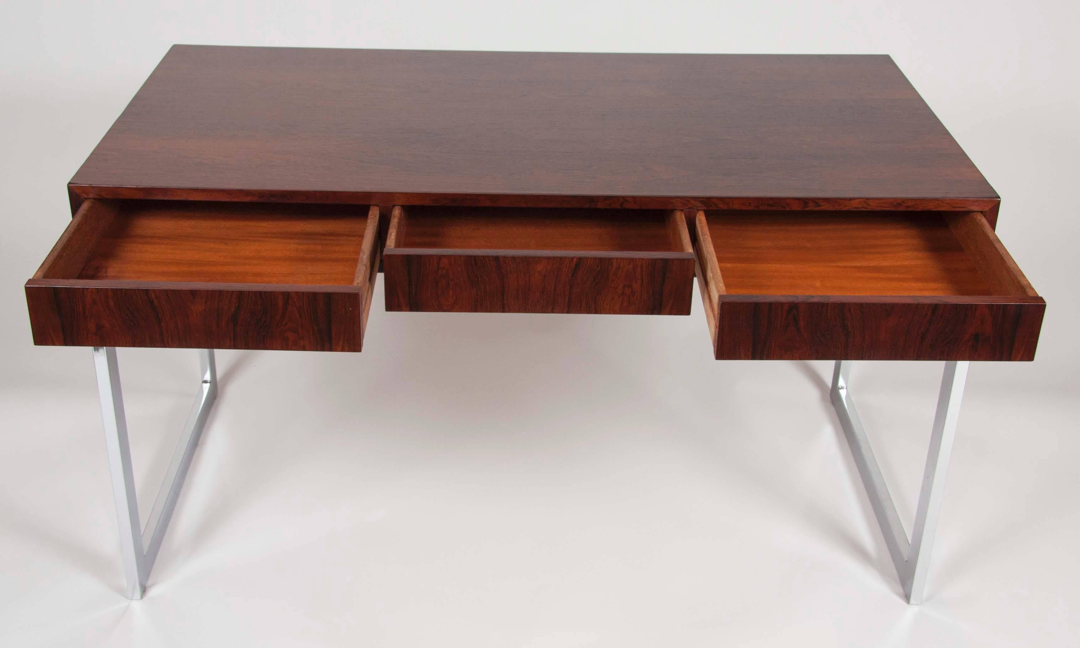 Mid-Century Modern Sleek Rosewood and Chrome Desk In The Style Of Milo Baughman