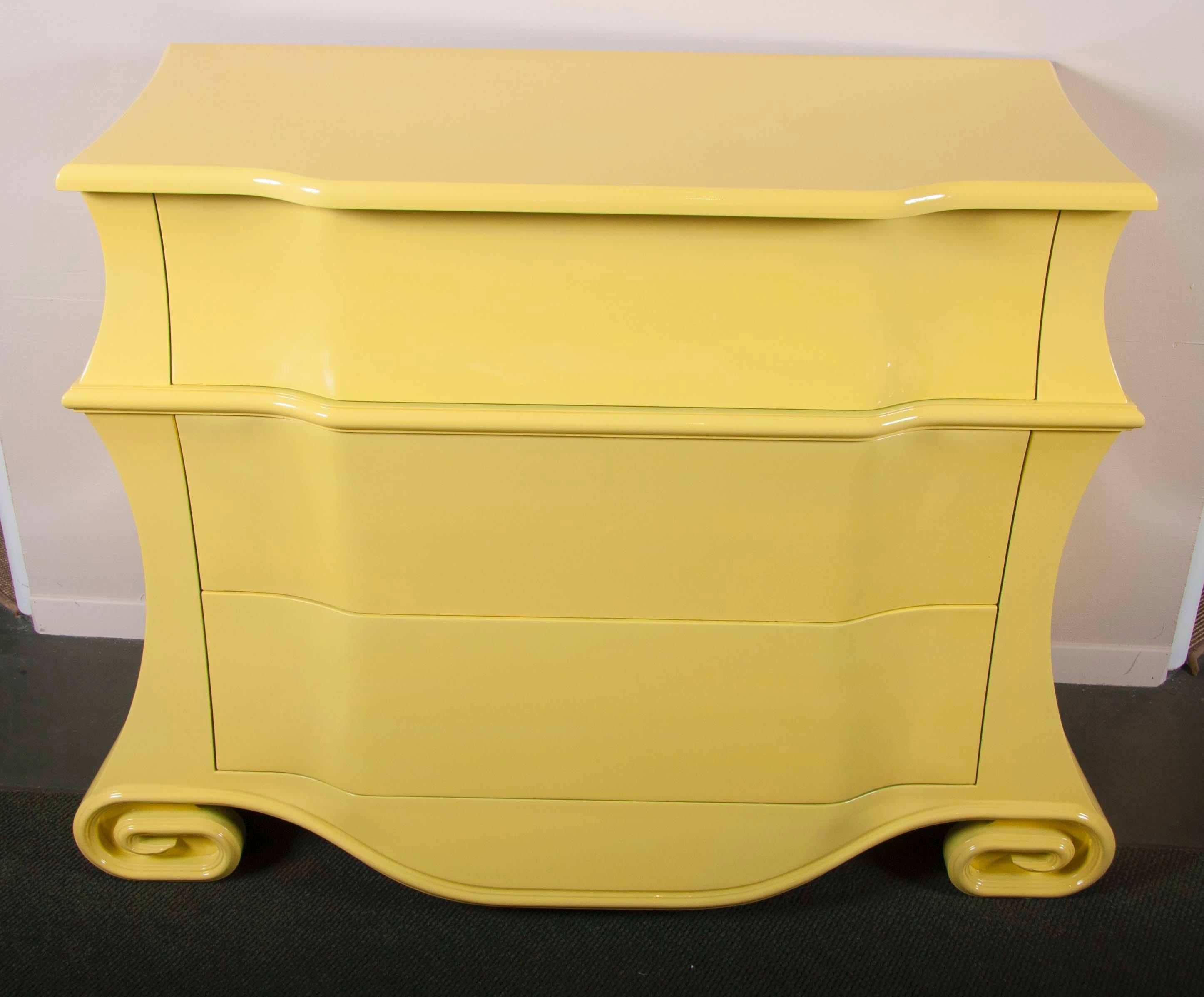 Late 20th century bombe chest now yellow lacquered.