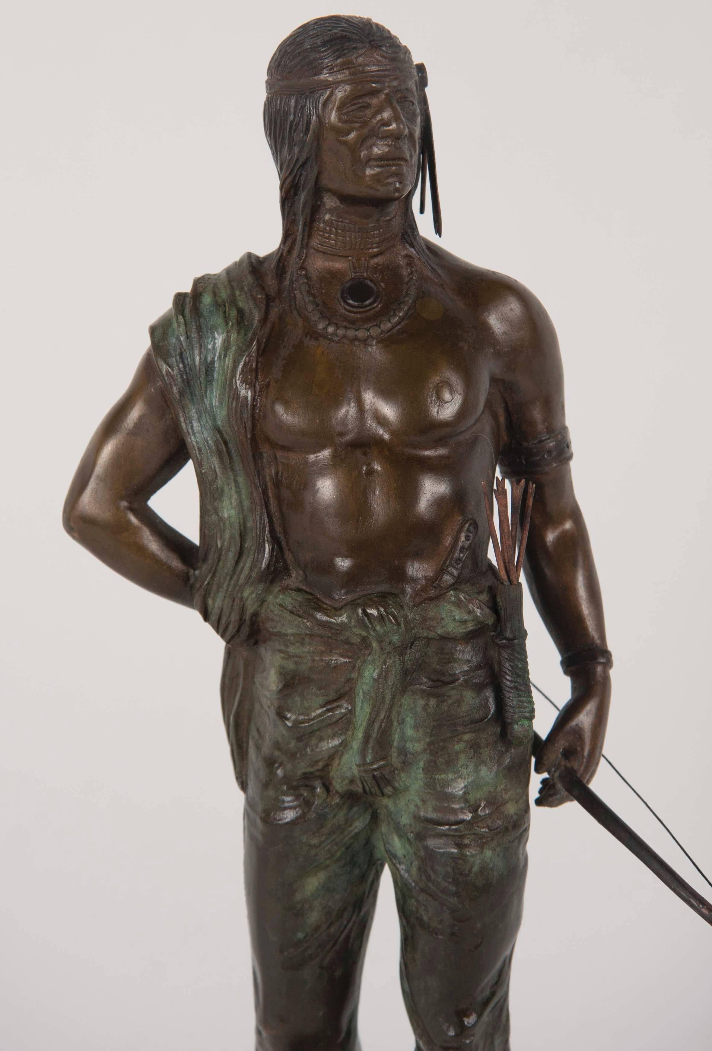 Carl Kauba Bronze of Standing Indian Brave with Bows and Arrows In Excellent Condition In Stamford, CT