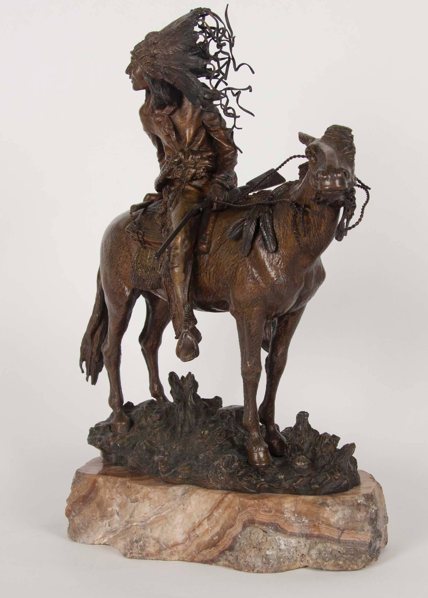 A Carl Kauba patinated bronze of an Indian on horseback on original marble base. Marked T. Curts aka Carl Kauba with original foundry mark and copyright mark From Vienna.