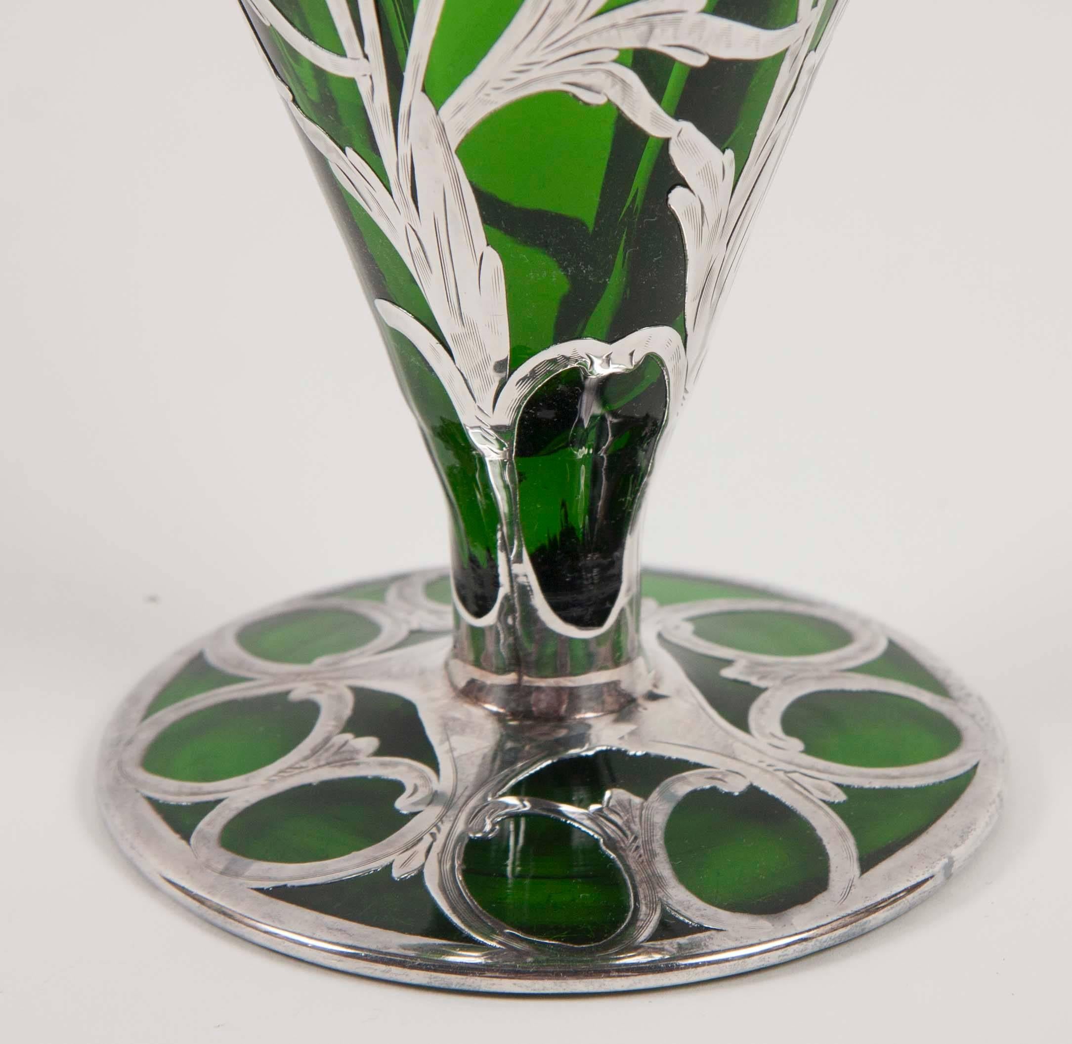 Art Nouveau Alvin Sterling over Green Glass Vase For Sale 3