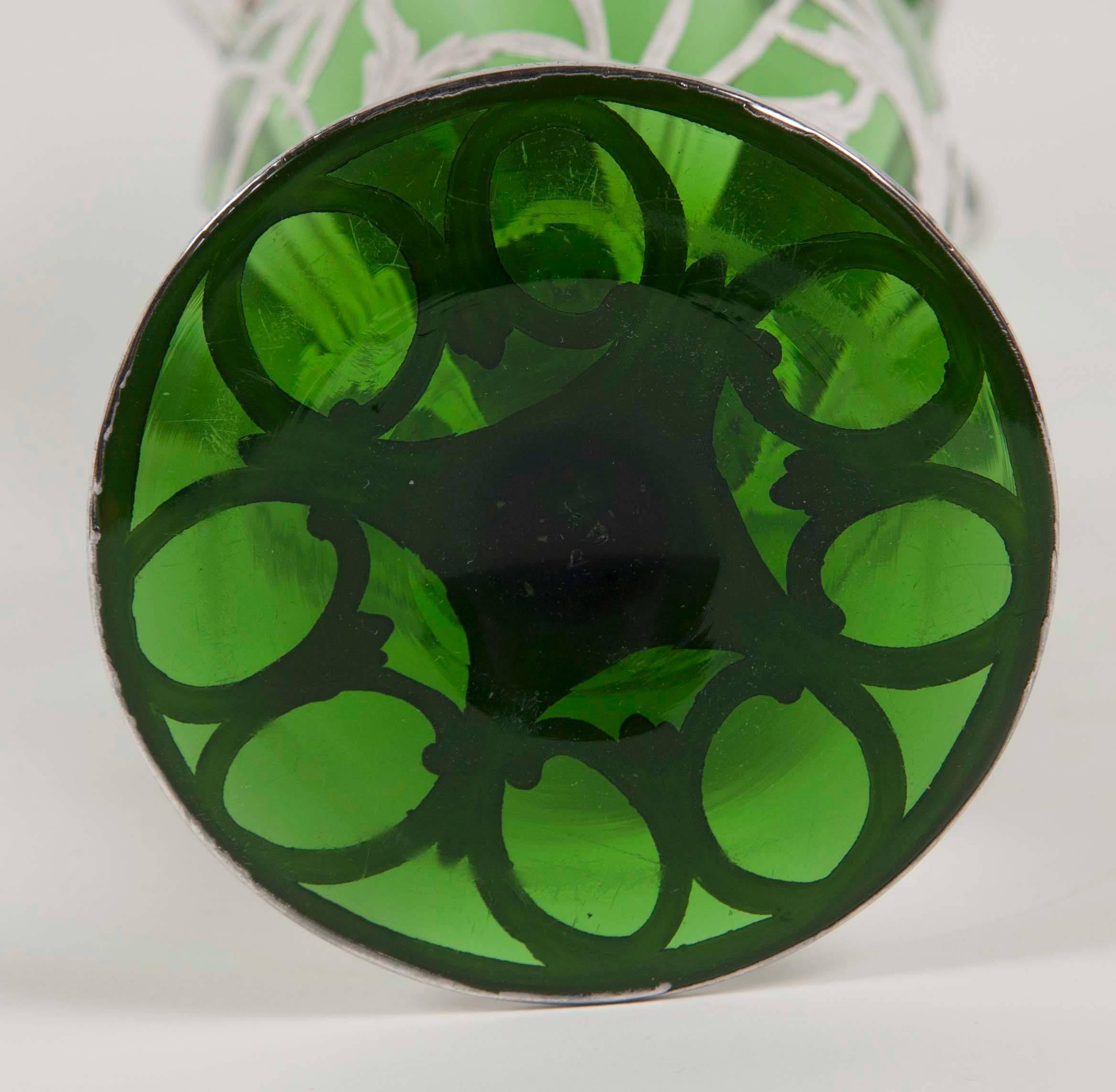 Art Nouveau Alvin Sterling over Green Glass Vase For Sale 4