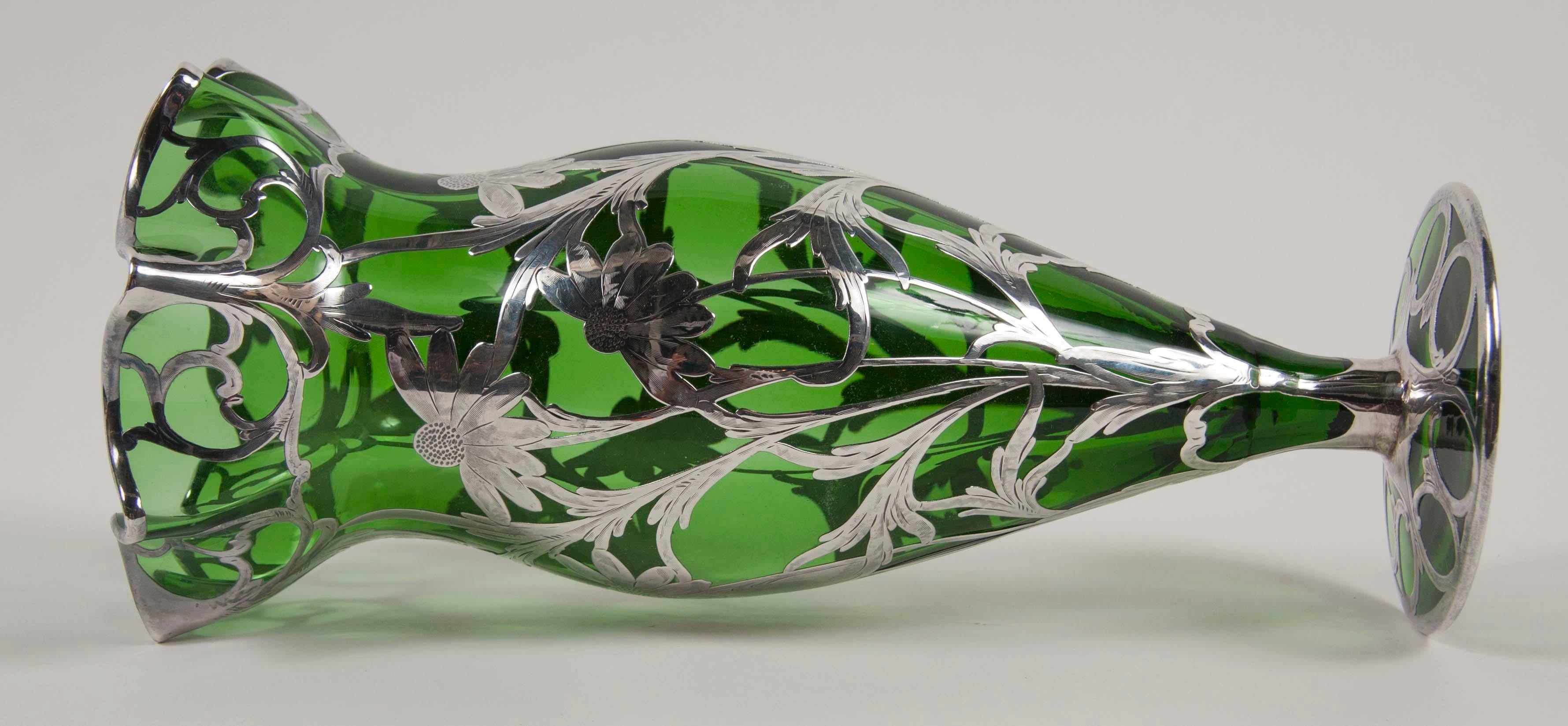 Art Nouveau Alvin Sterling over Green Glass Vase For Sale 2