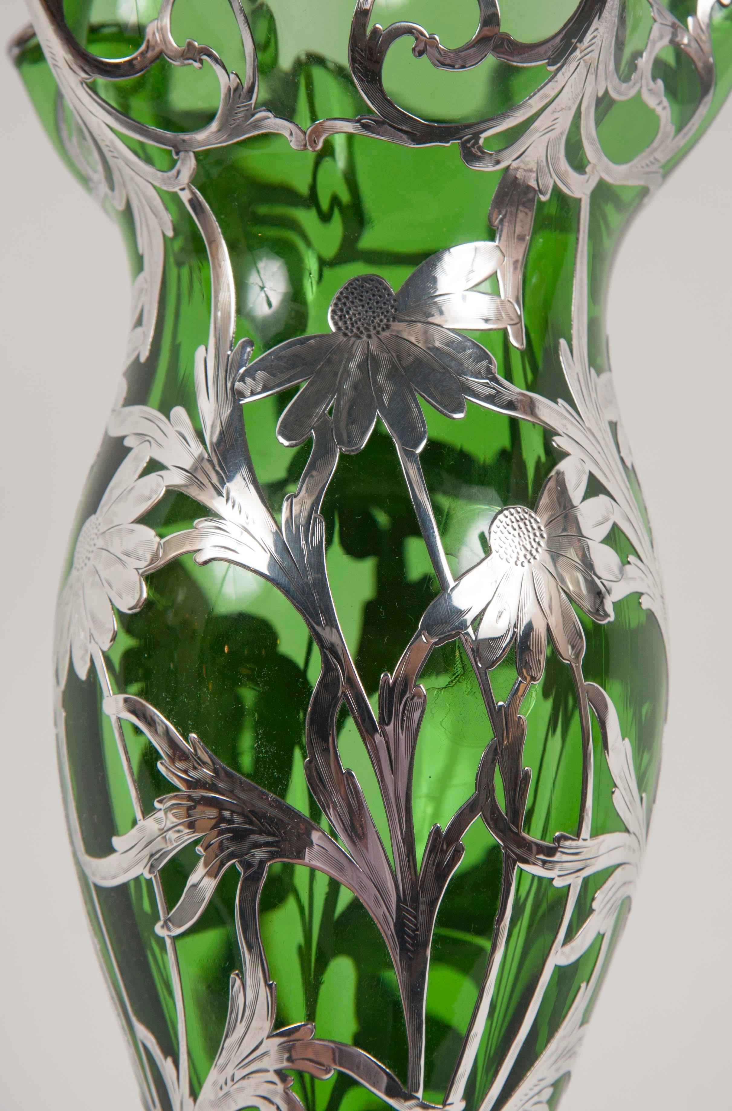 Art Nouveau Alvin Sterling over Green Glass Vase For Sale 1