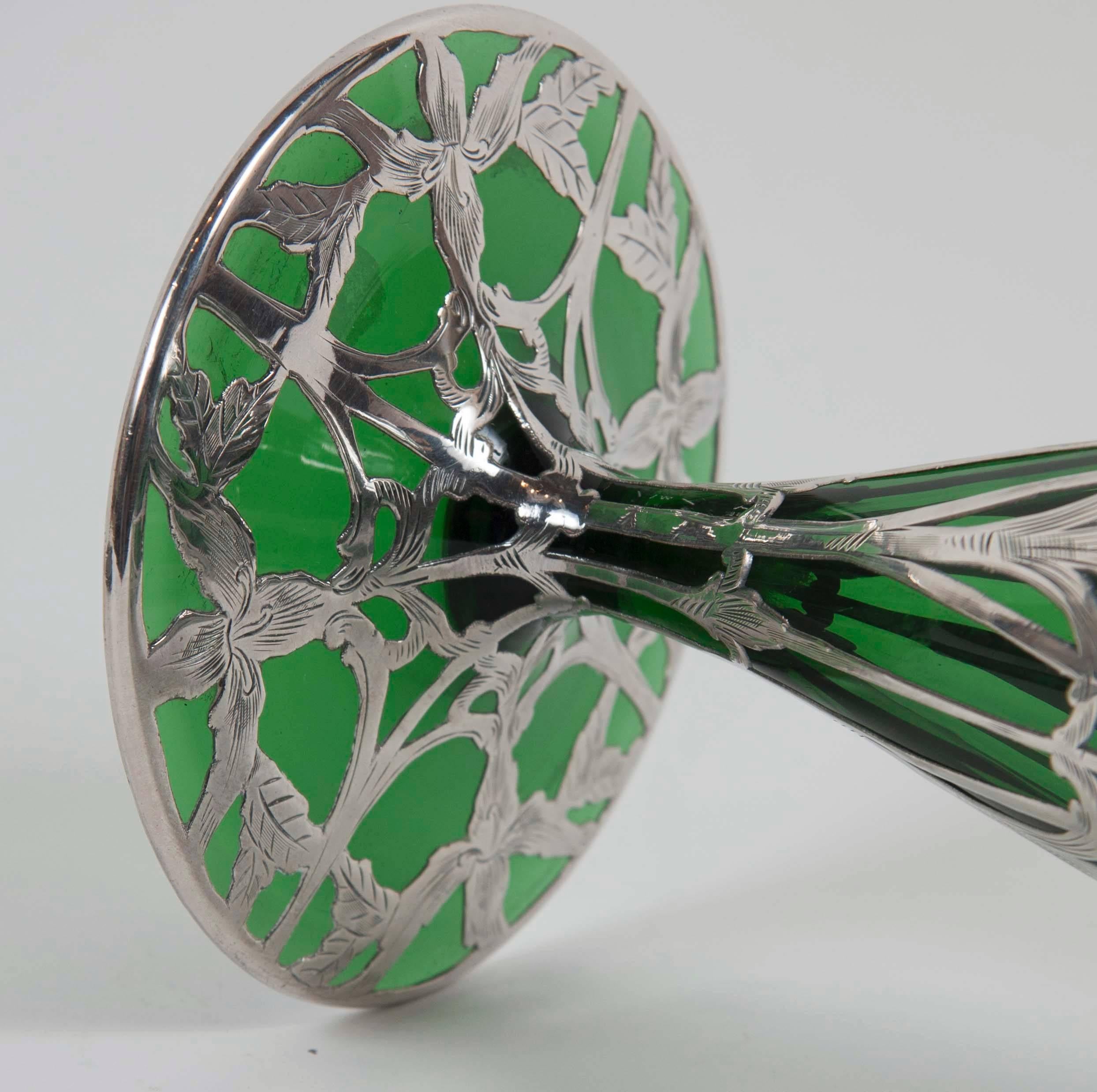 Art Nouveau Alvin Sterling over Green Glass Vase For Sale 1