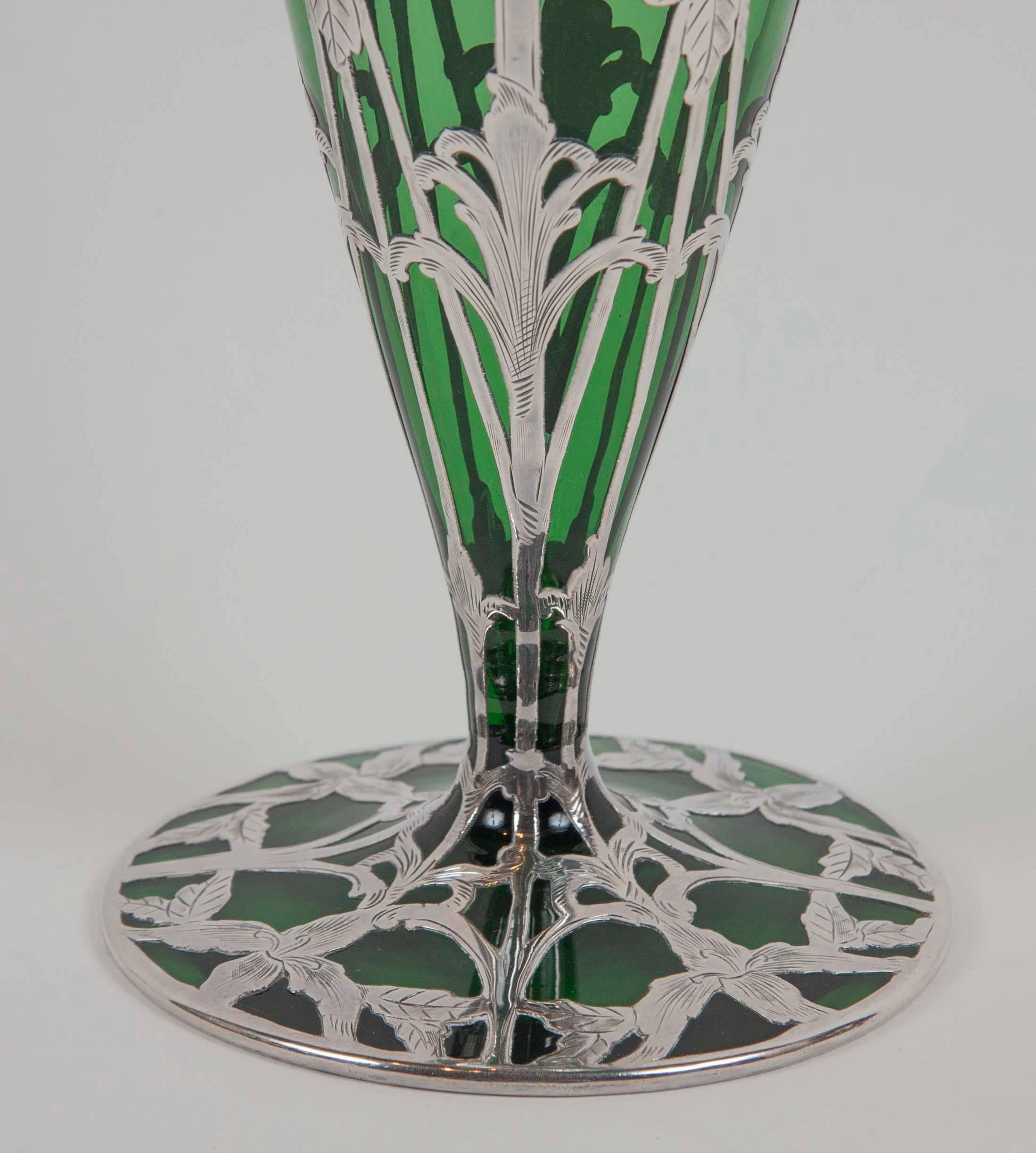 Art Glass Art Nouveau Alvin Sterling over Green Glass Vase For Sale