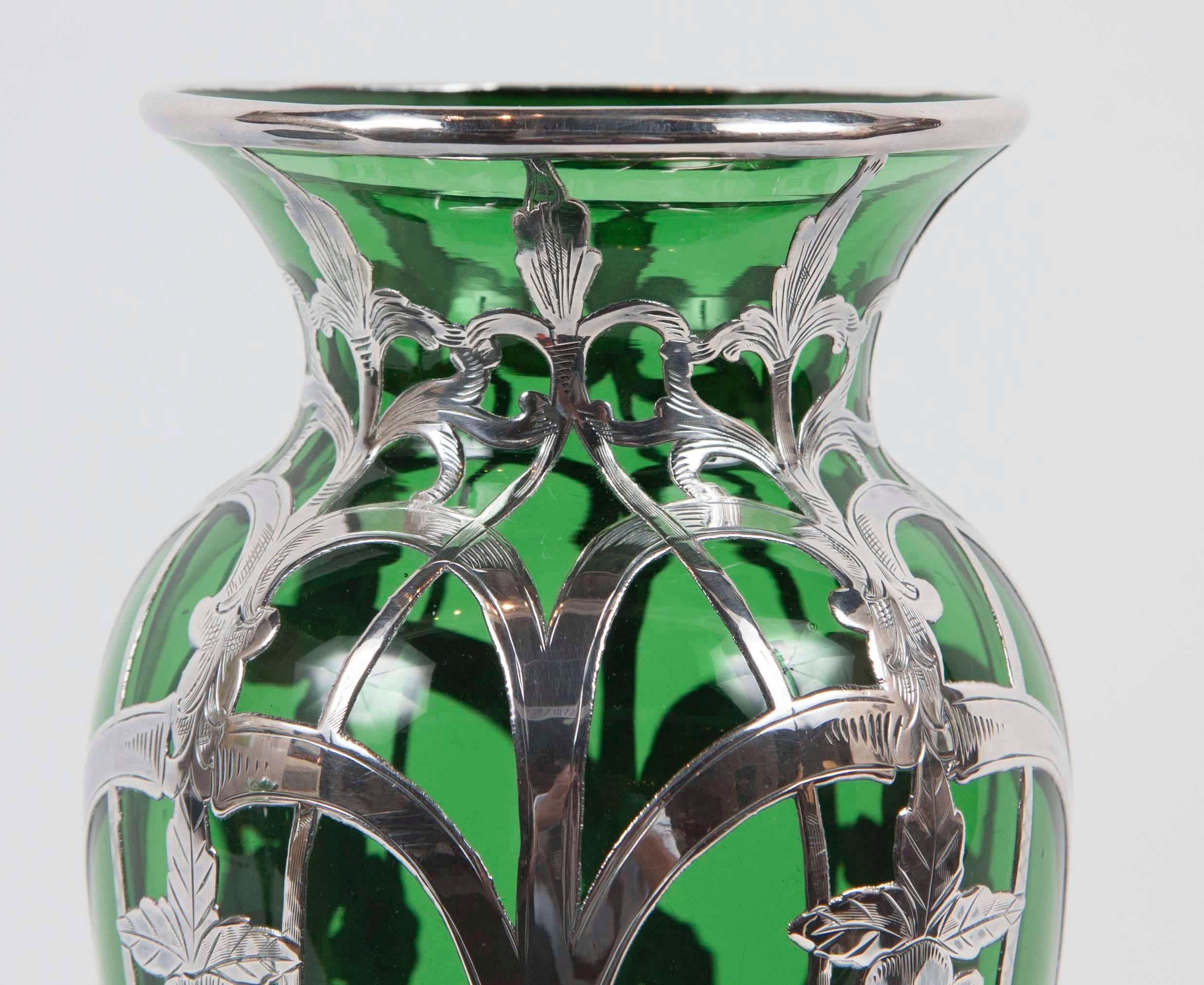 American Art Nouveau Alvin Sterling over Green Glass Vase For Sale