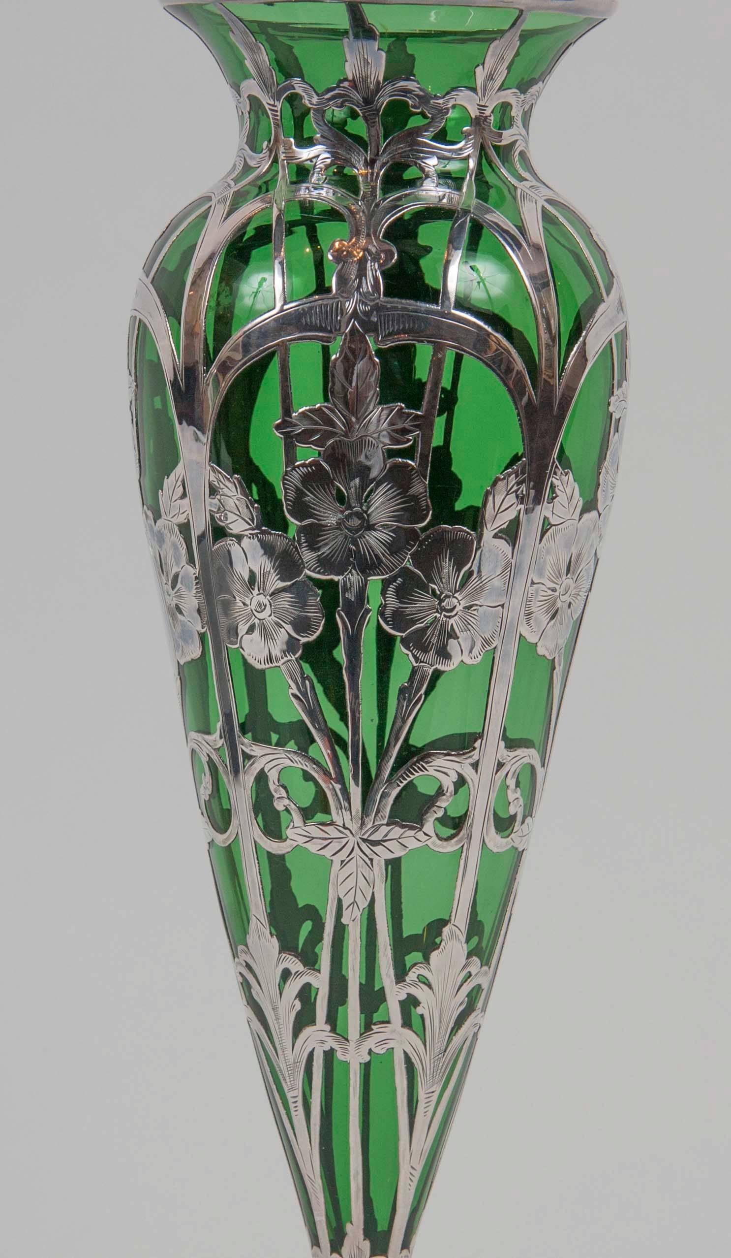Art Nouveau Alvin sterling over green glass vase. Glass vase possibly Steuben.