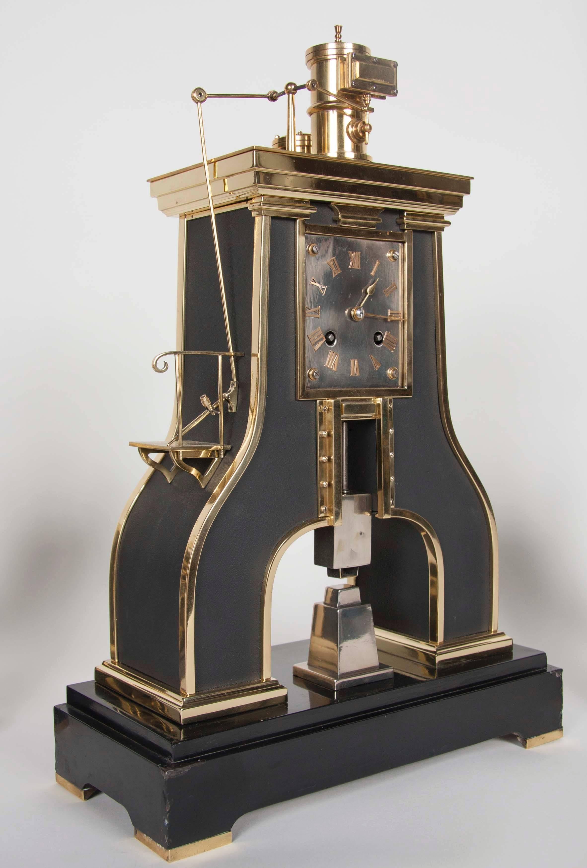 A handsome 19th century French clock set comprising a clock with a matching pair of candelabrum. French Industrial steam Hammer type with brass movement. Signed GLT Paris Japy Freres.
              