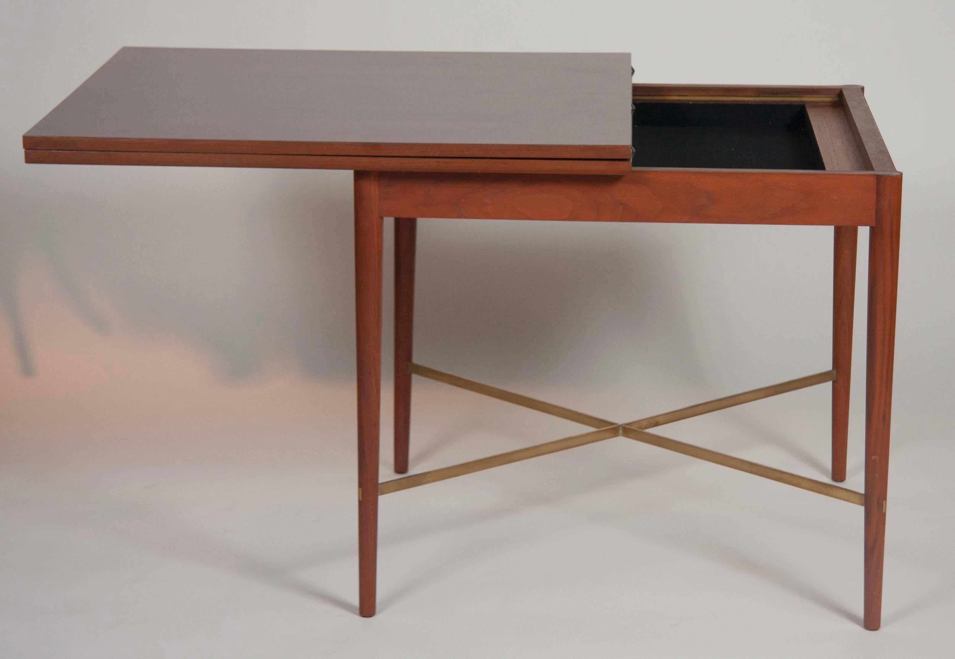 Modern Paul McCobb Card Table with Folding Top And Brass Stretchers 
