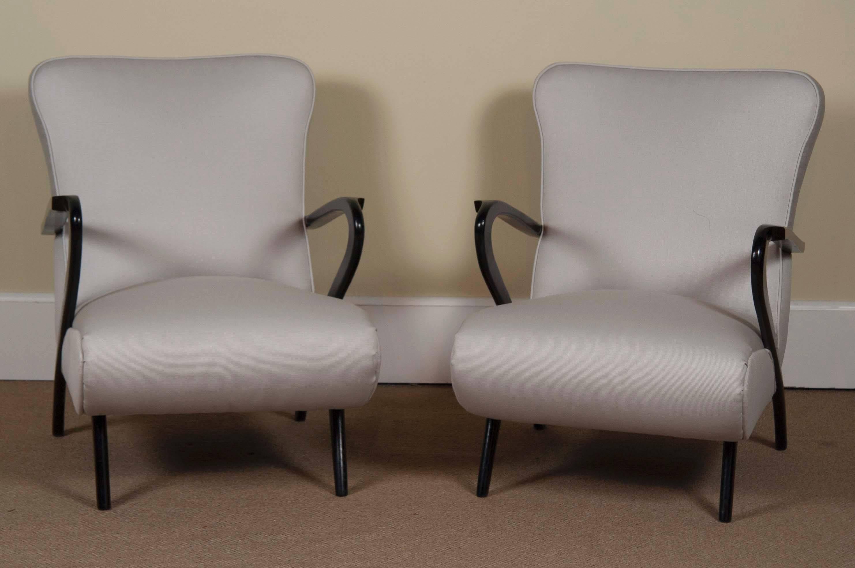 A pair of continental Halabala inspired open armchairs. Newly upholstered in grosgrain fabric. Seat height 16
