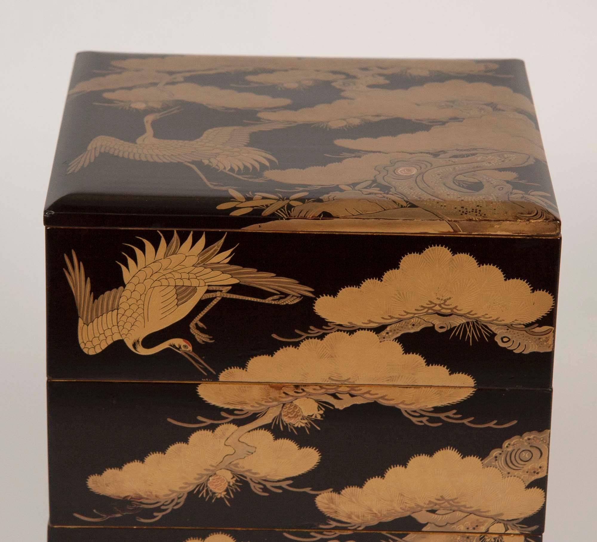 Japanese Black Lacquer Jubako Box with Stork Motif In Good Condition In Stamford, CT