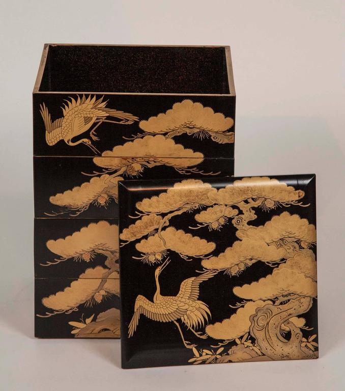 Japanese Black Lacquer Jubako Box with Stork Motif Japanese Black Lacquer Jubako Box with Stork Motif