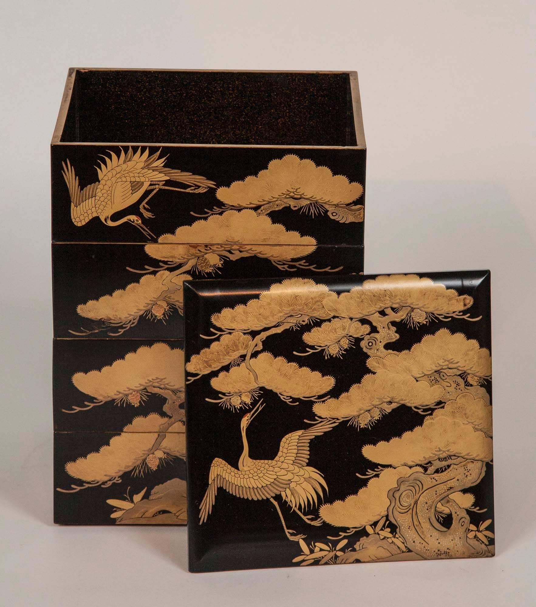 Edo Japanese Black Lacquer Jubako Box with Stork Motif