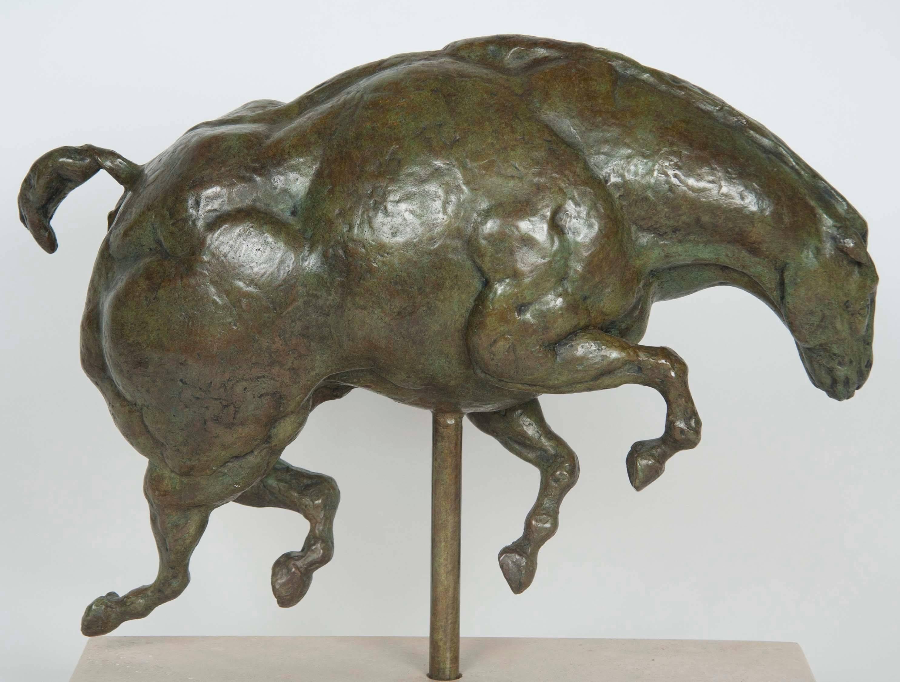 An impressionistic bronze of a horse having green and brown patina, mounted on a travertine base. Signed on base: 