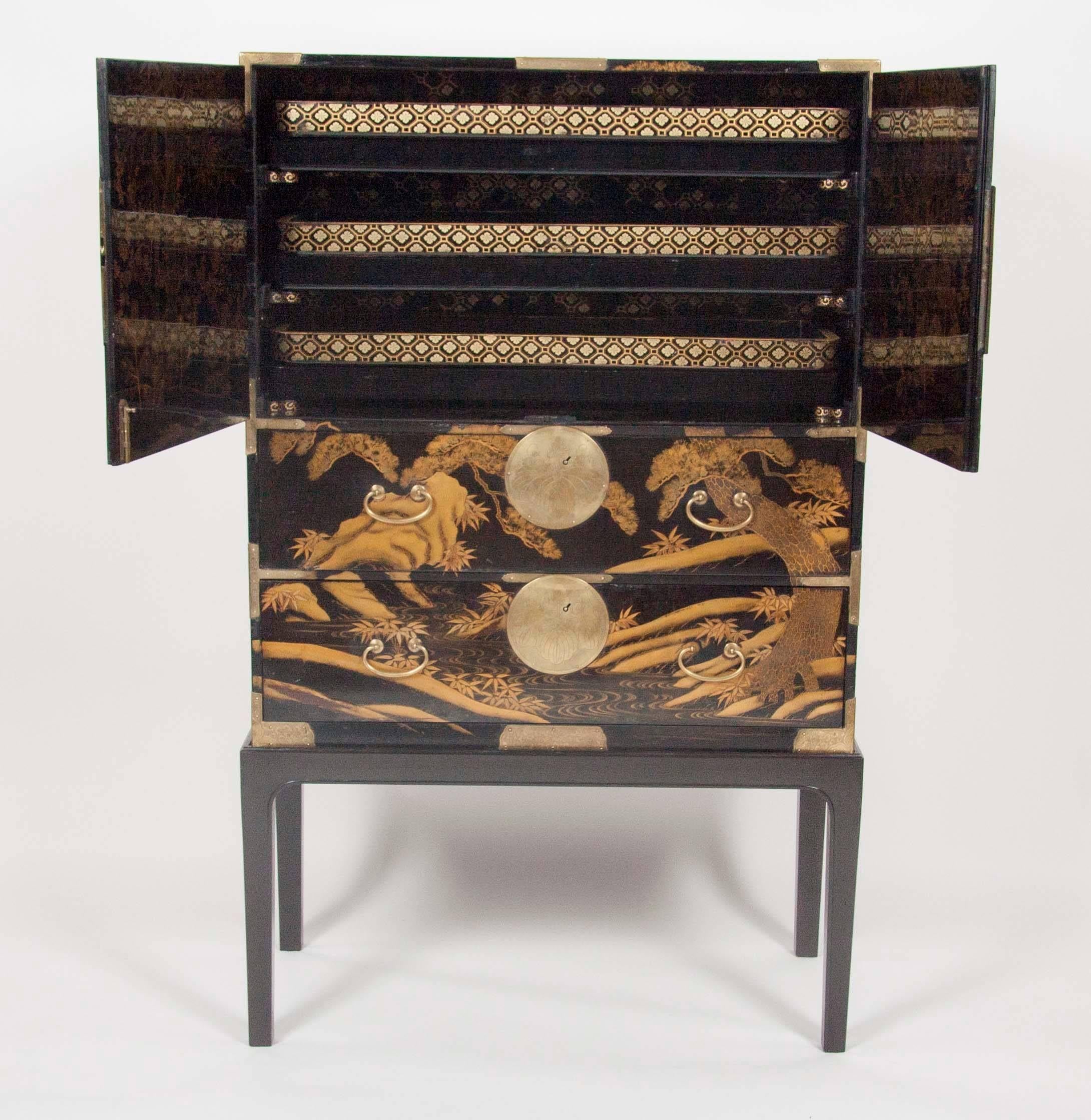 19th Century Striking Japanese Gilt and Black Lacquer Cabinet on Later Stand