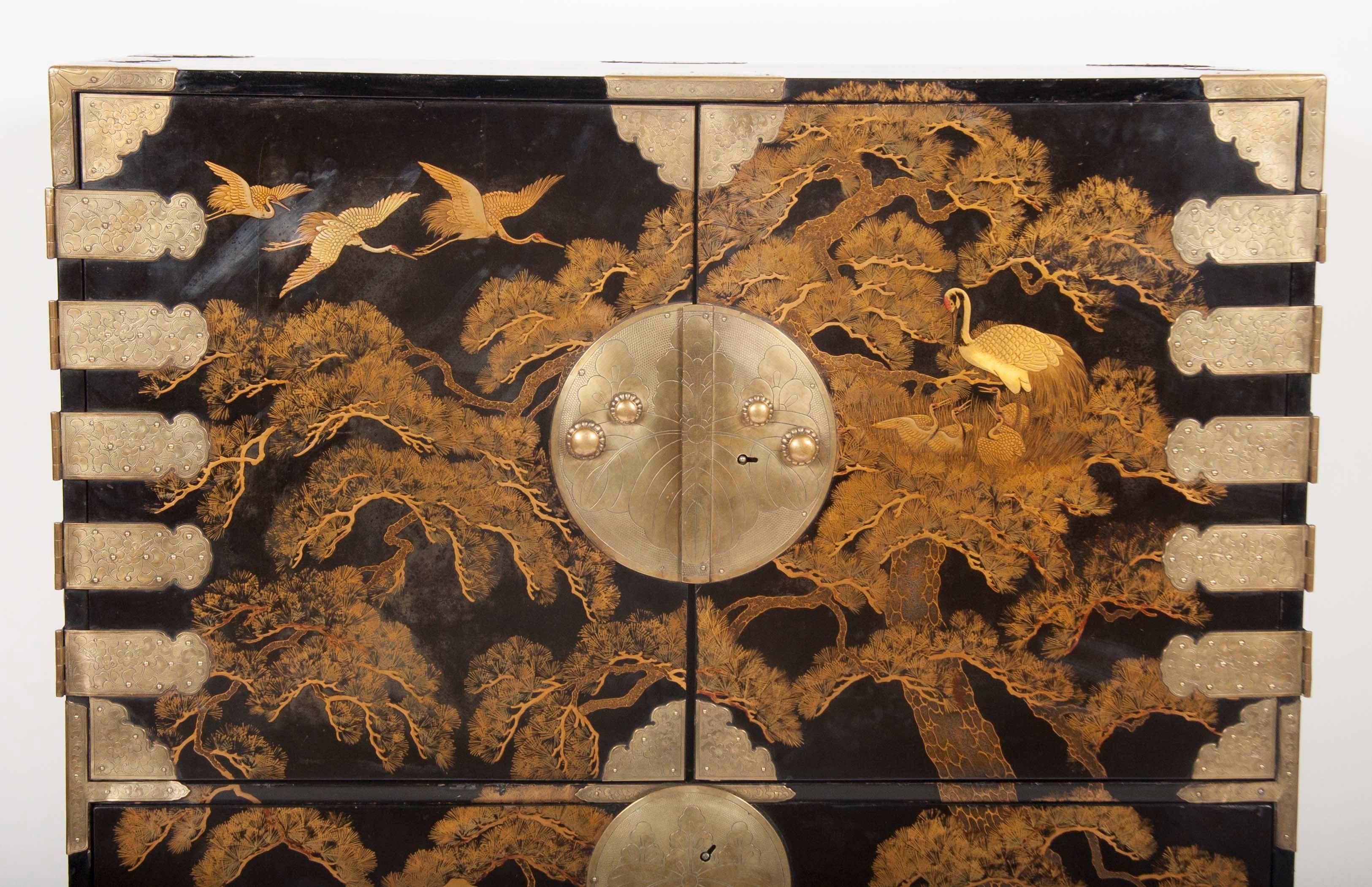 Lacquered Striking Japanese Gilt and Black Lacquer Cabinet on Later Stand