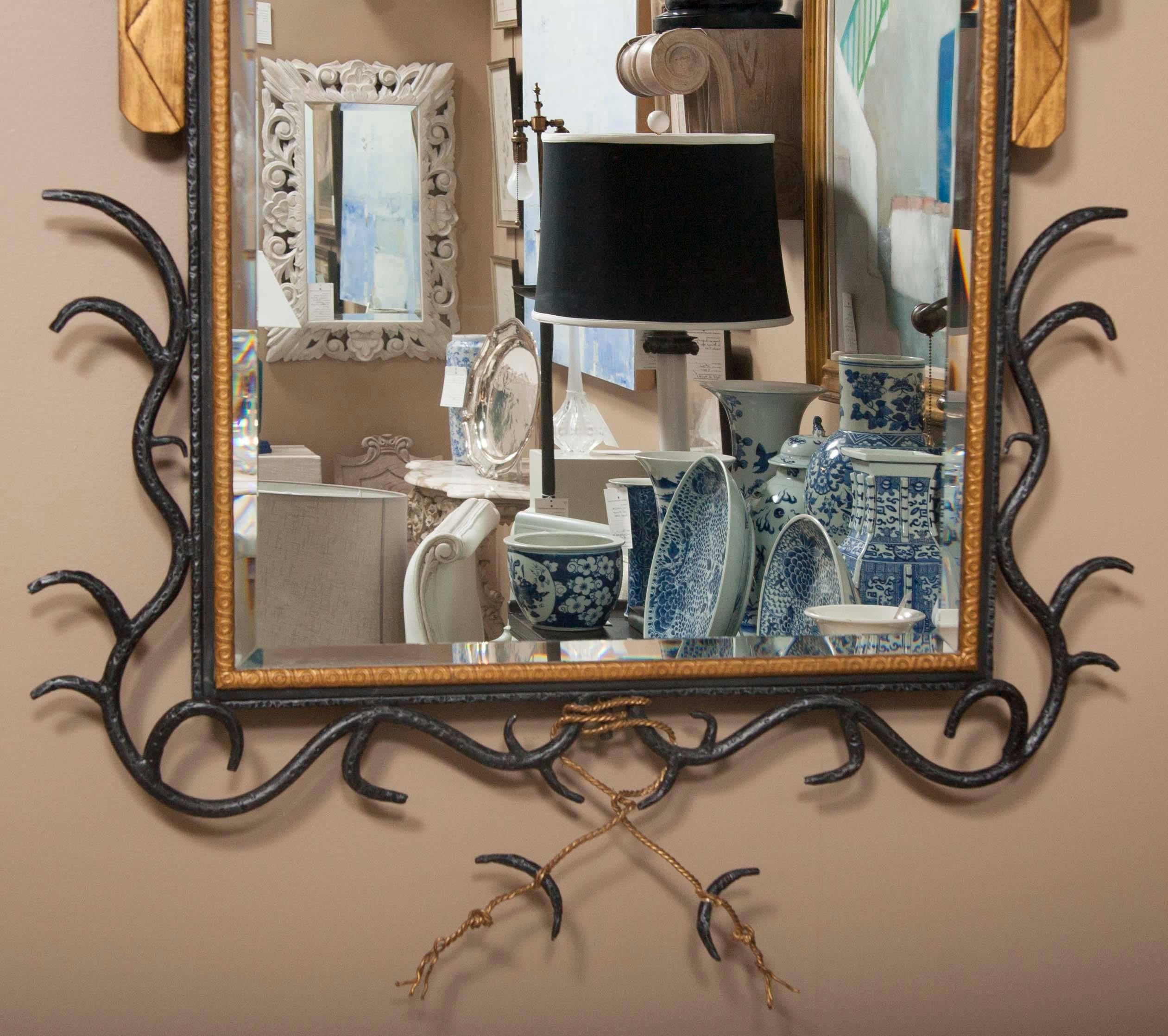 20th Century Exceptional Wrought and Painted Iron Mirror in the Manner of Gilbert Poillerat