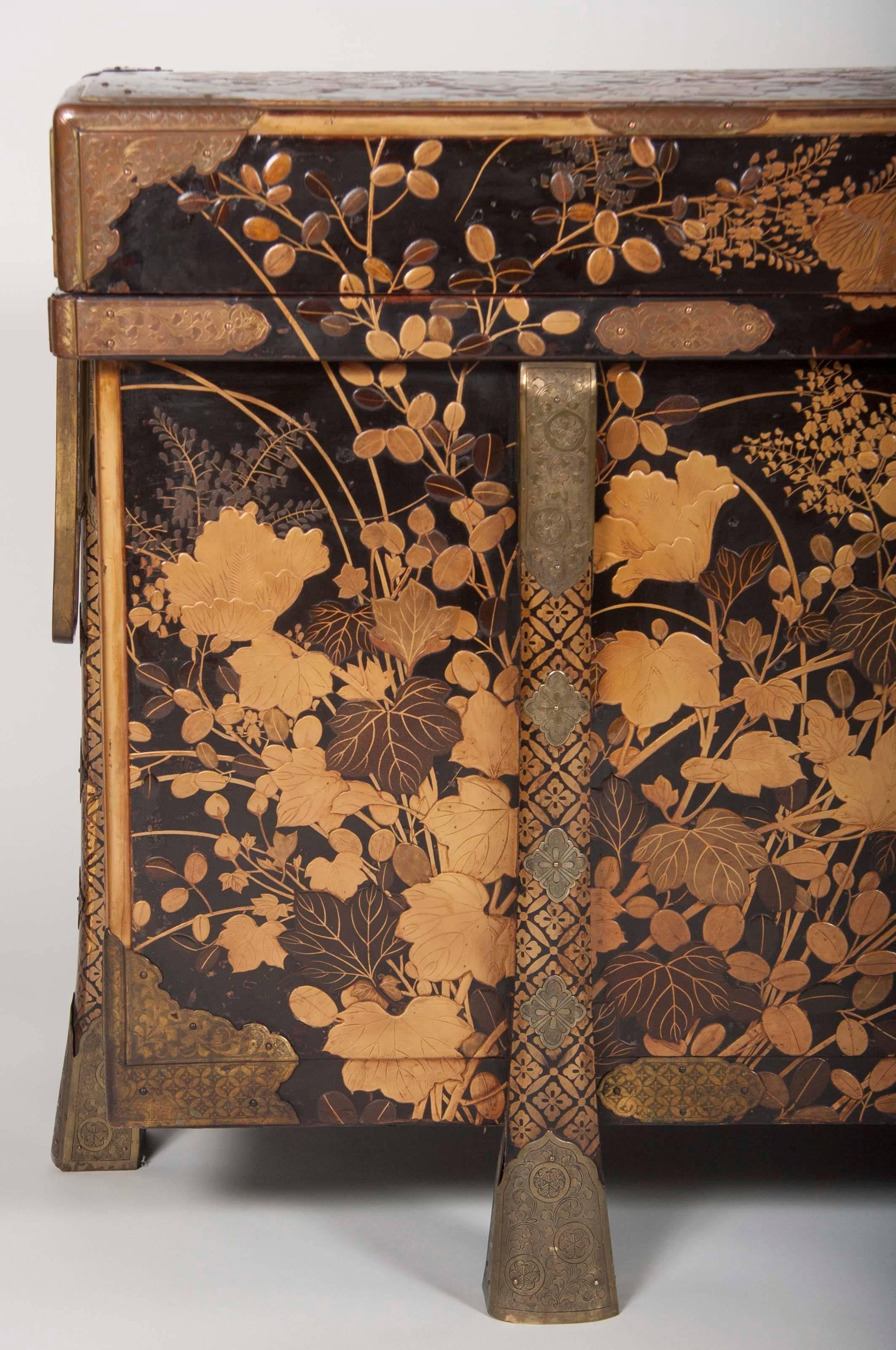 Lacquered Large Japanese Gilt and Black Lacquer Karabitsu Chest with Bronze Mounts