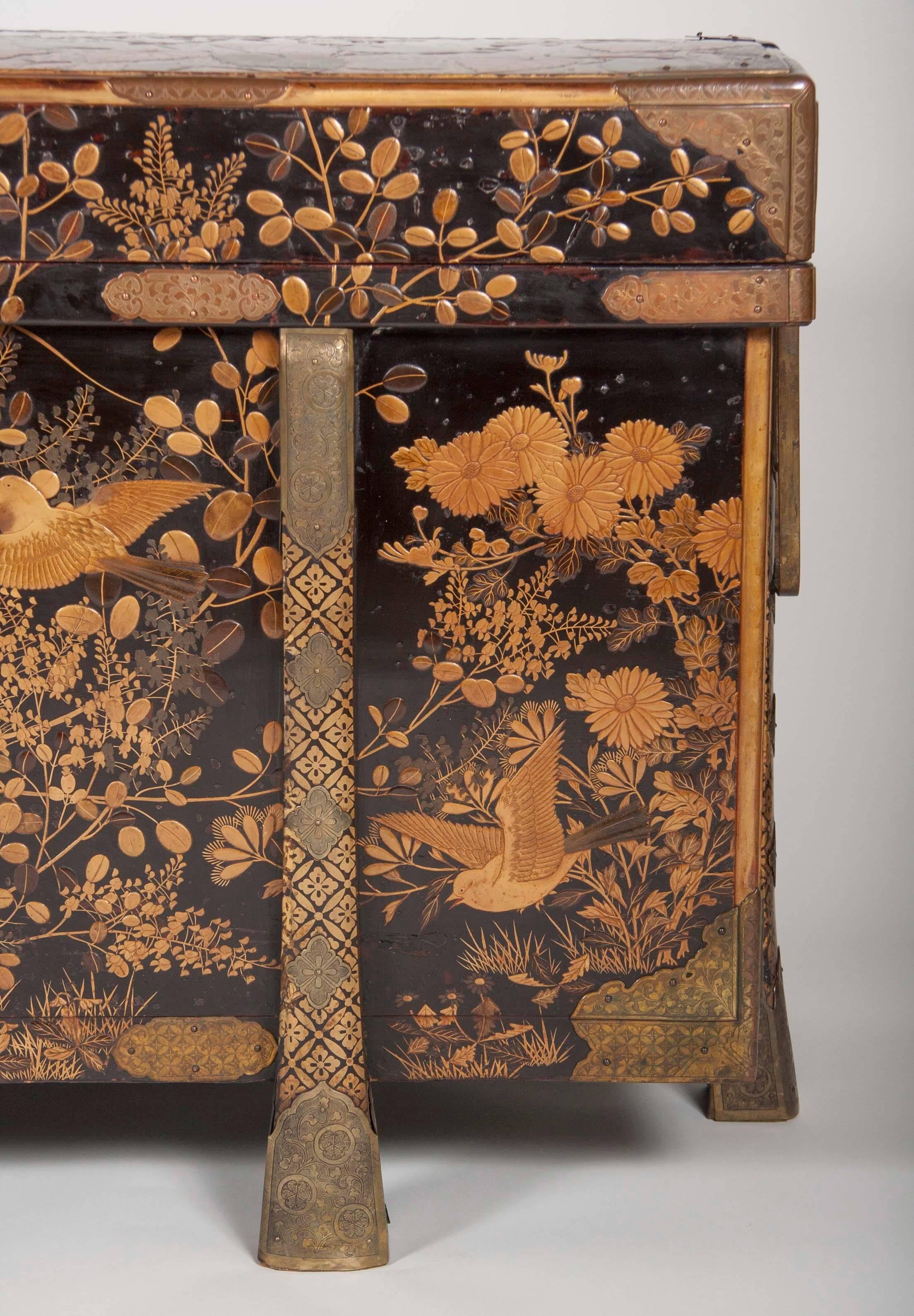 19th Century Large Japanese Gilt and Black Lacquer Karabitsu Chest with Bronze Mounts