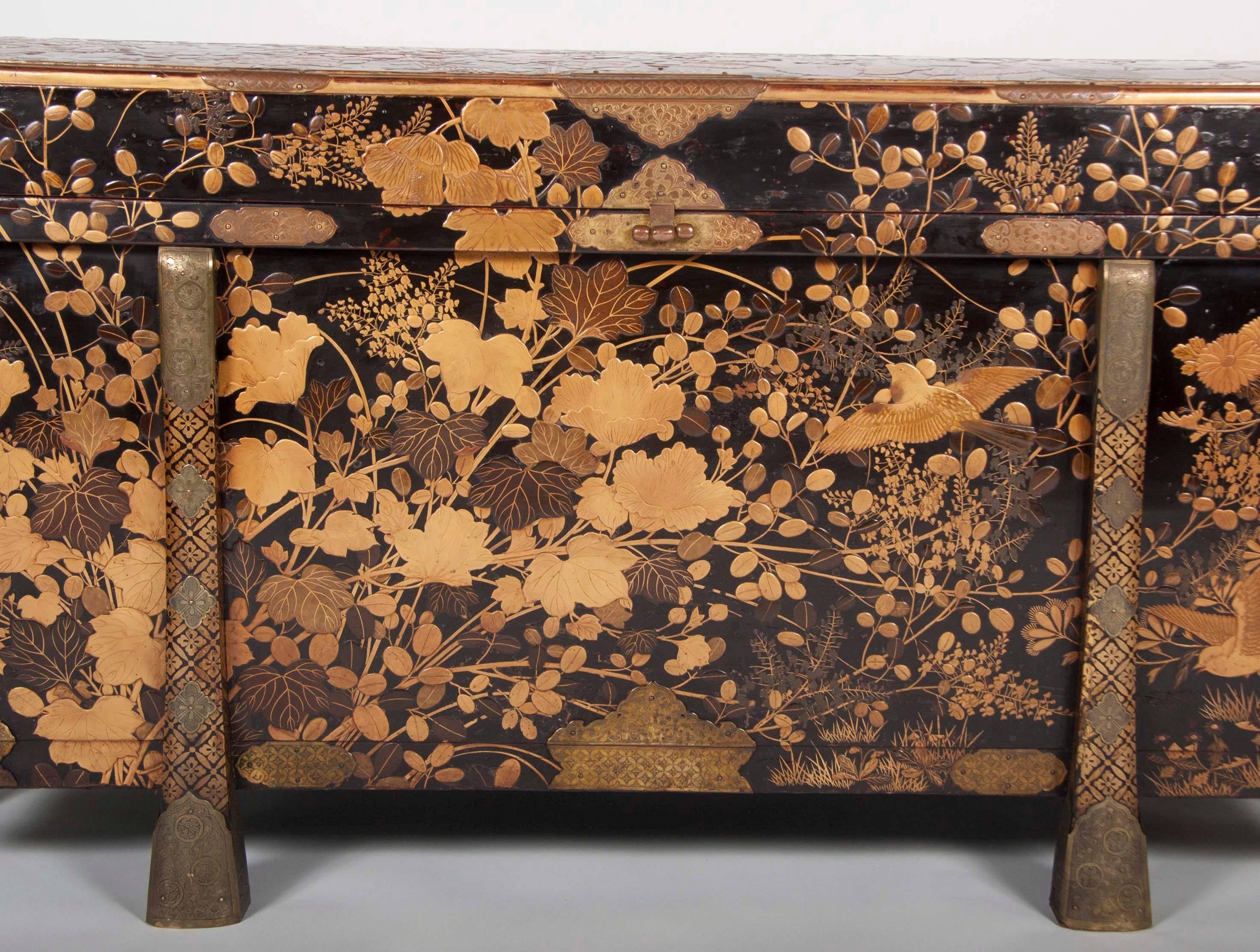 Large Japanese Gilt and Black Lacquer Karabitsu Chest with Bronze Mounts In Excellent Condition In Stamford, CT