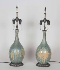 Paire de lampes en poterie céladon par Pierre-Adrien Dalpayrat et Louis Katona