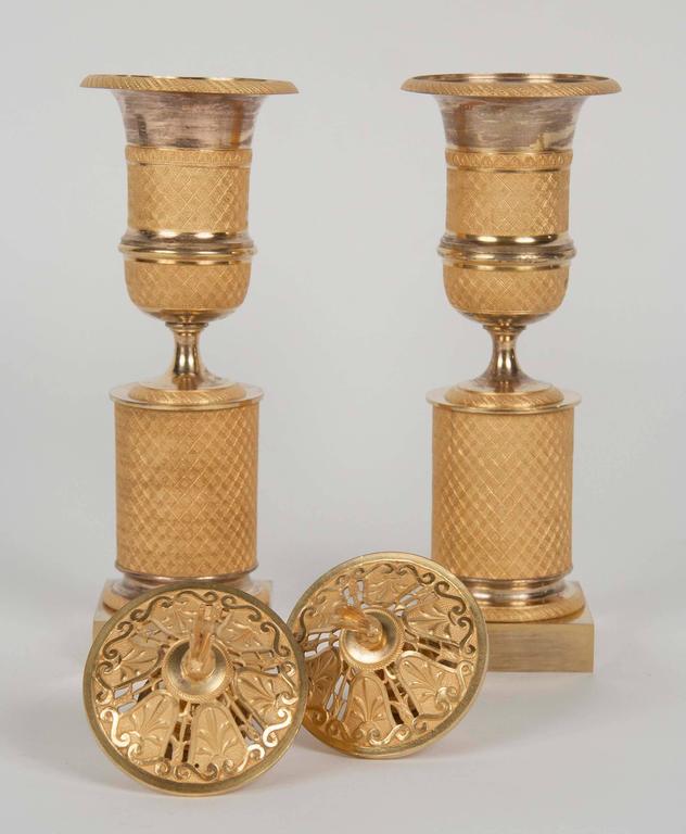 Empire Pair of French Ormolu Bronze Cassolettes or Censers/Candlesticks For Sale