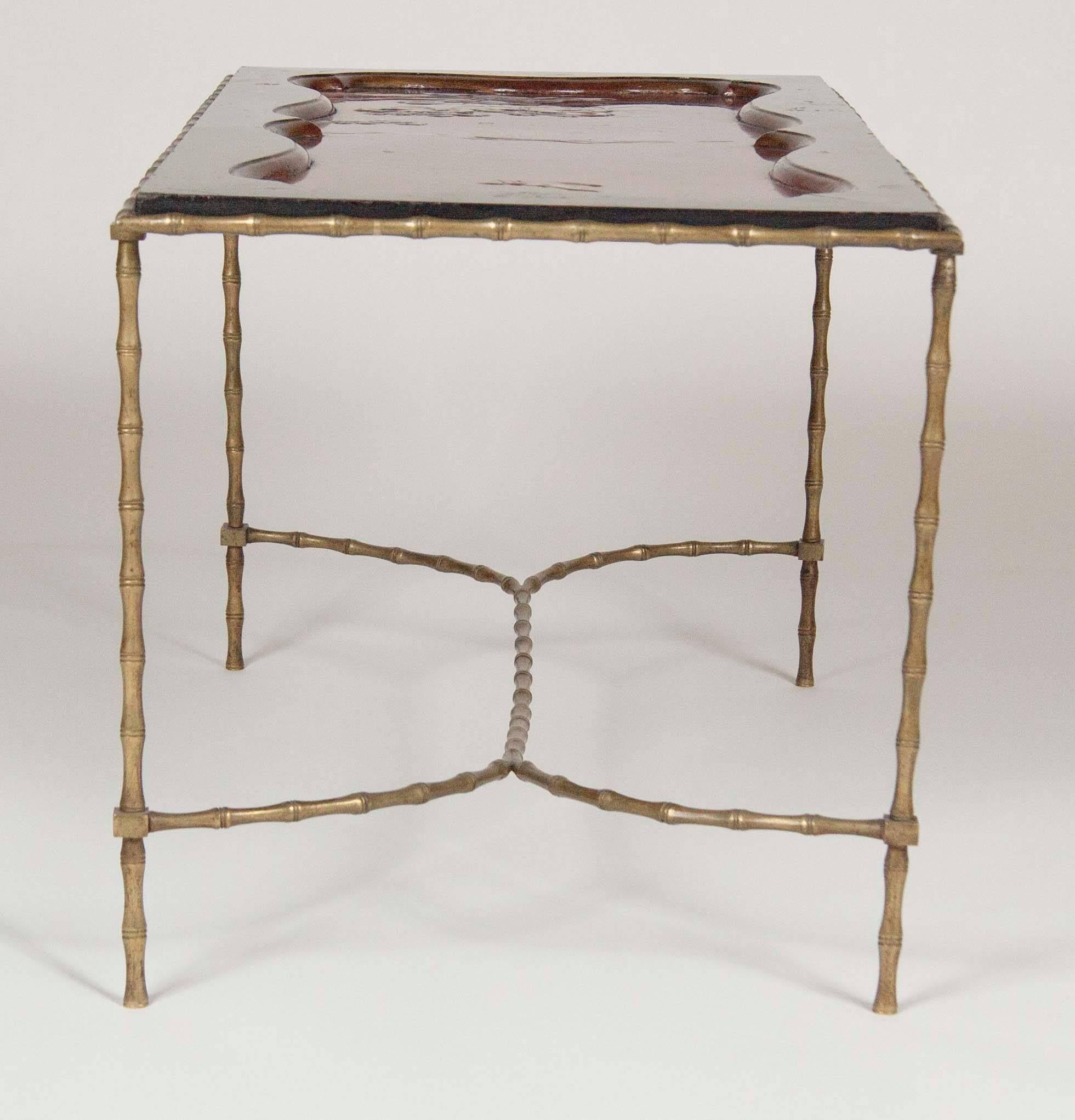 19th Century Cocktail Table with Japanese Lacquered Top and Bagues Brass Base For Sale