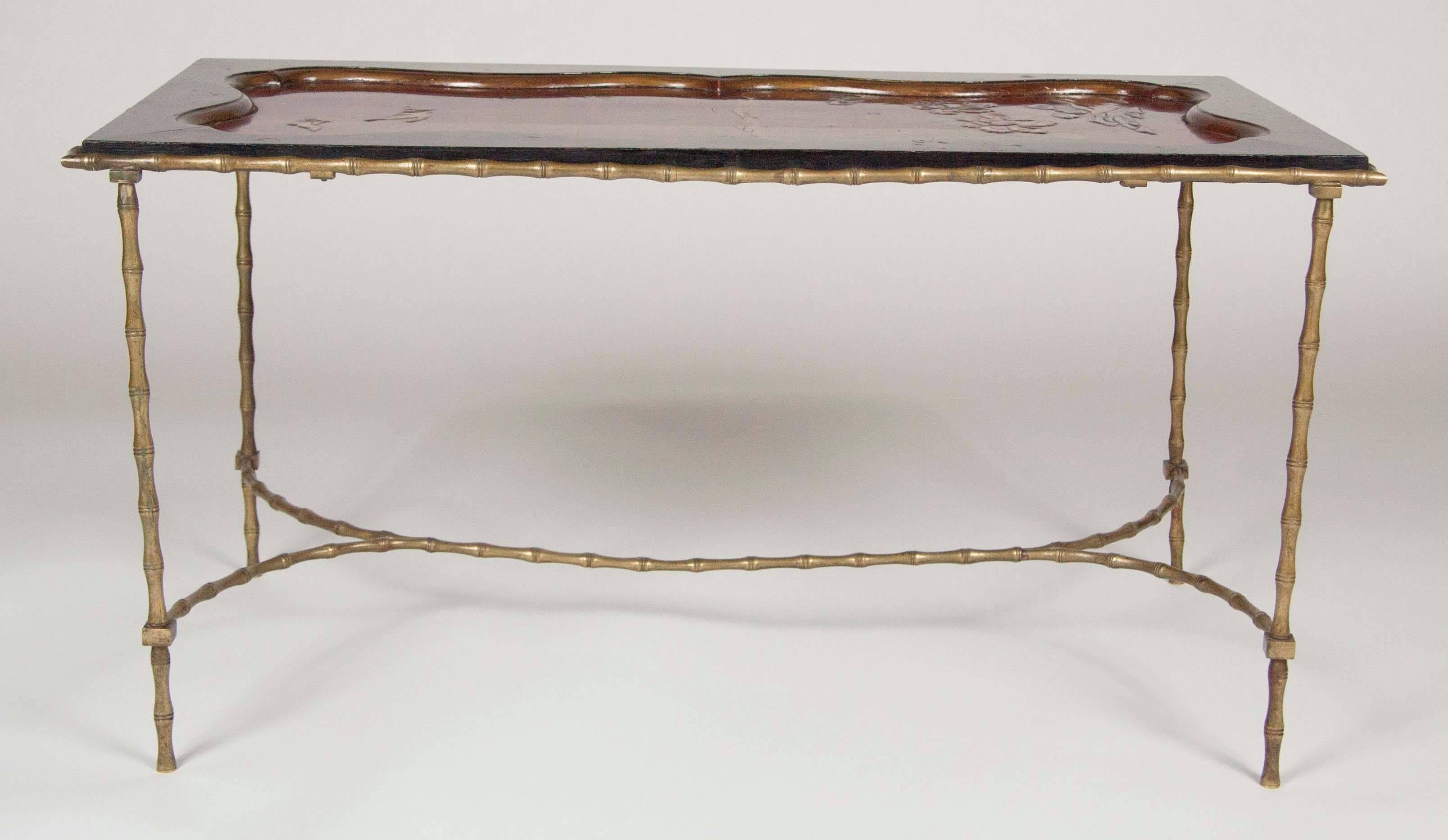 Cocktail Table with Japanese Lacquered Top and Bagues Brass Base In Good Condition For Sale In Stamford, CT
