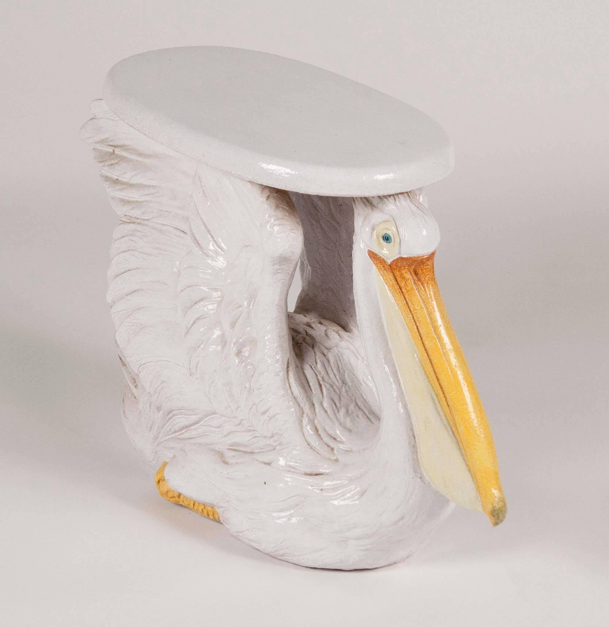 Whimsical Italian terracotta garden seat in the form of a pelican.