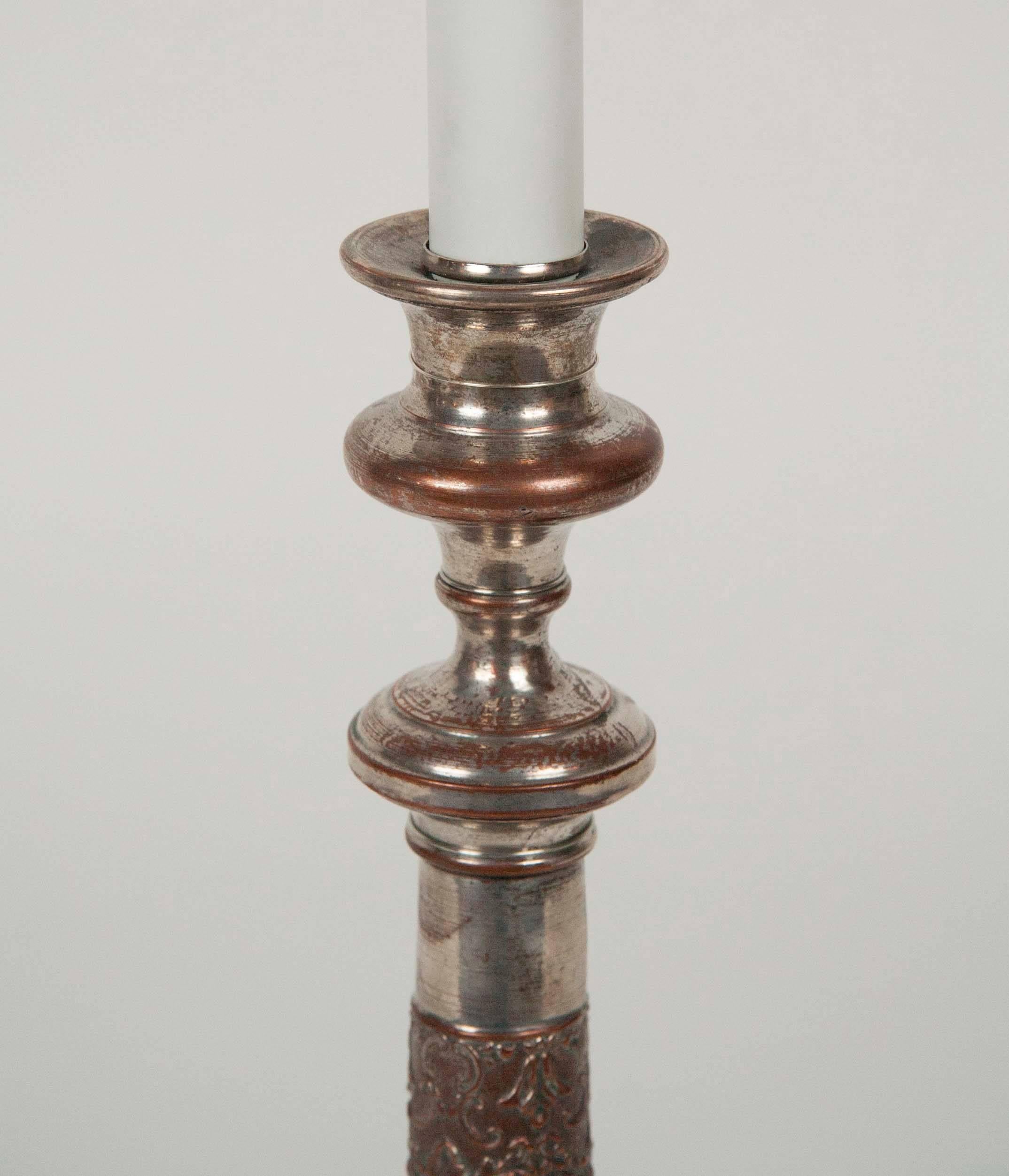 19th Century Pair of Silver on Copper Candlestick Lamps