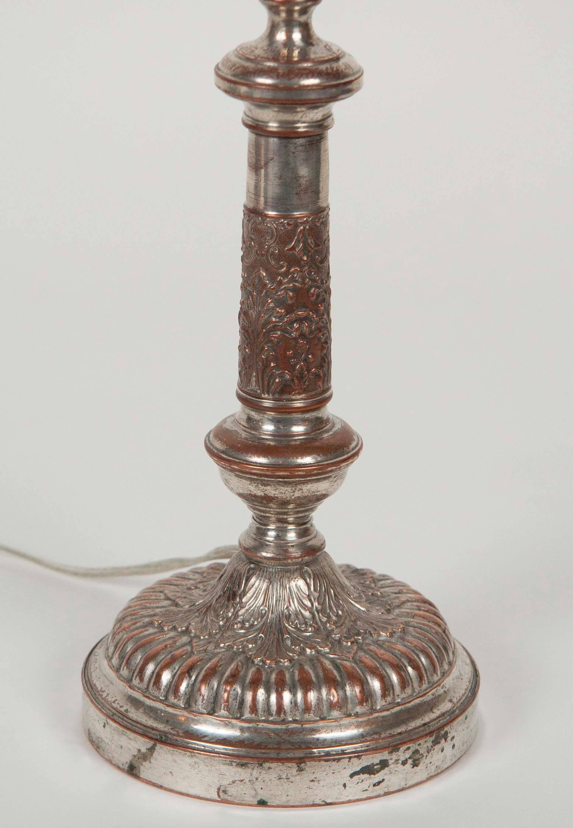 Pair of Silver on Copper Candlestick Lamps In Good Condition In Stamford, CT
