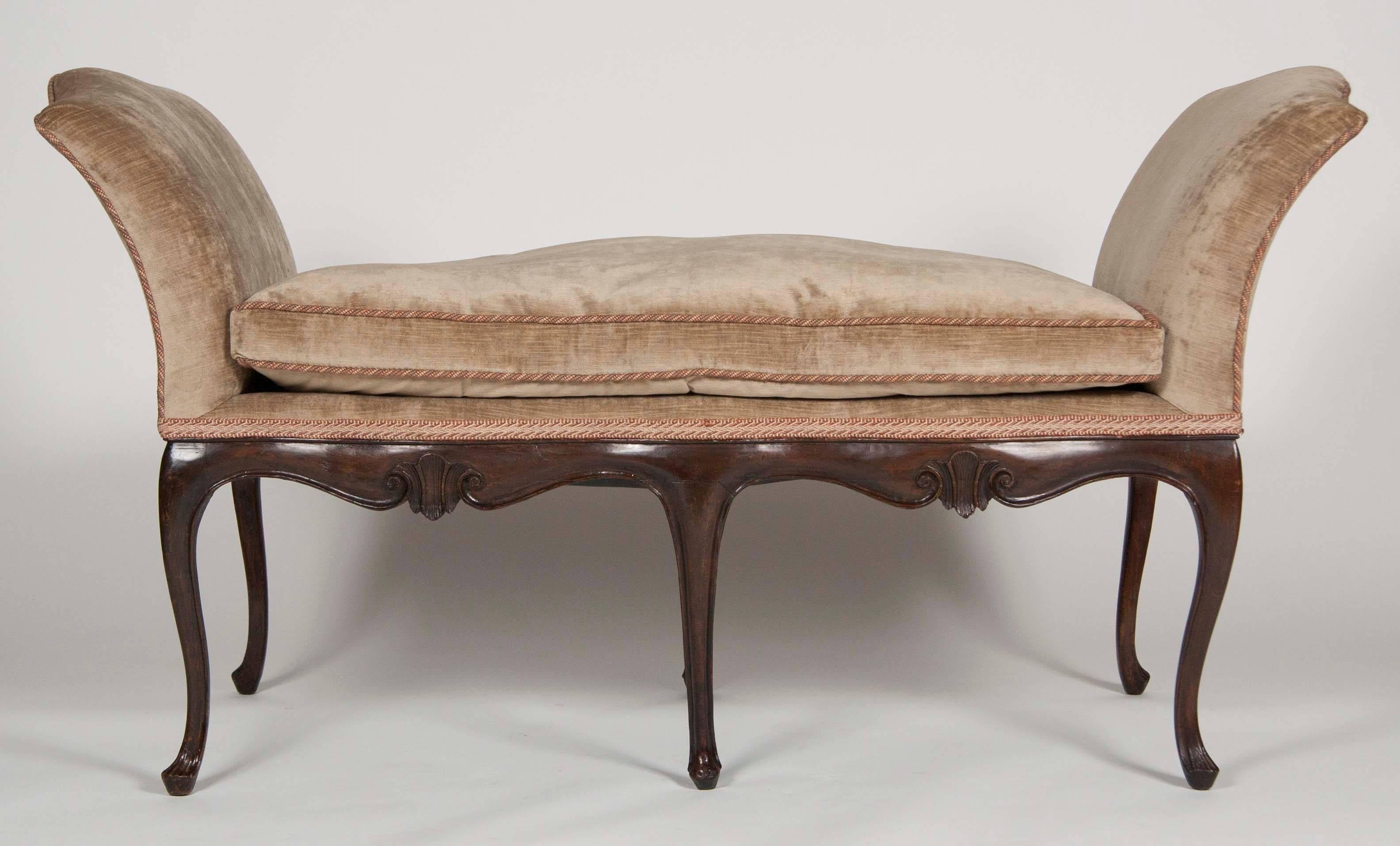 Louis XV French Walnut Window Seat Upholstered in Silk Velvet