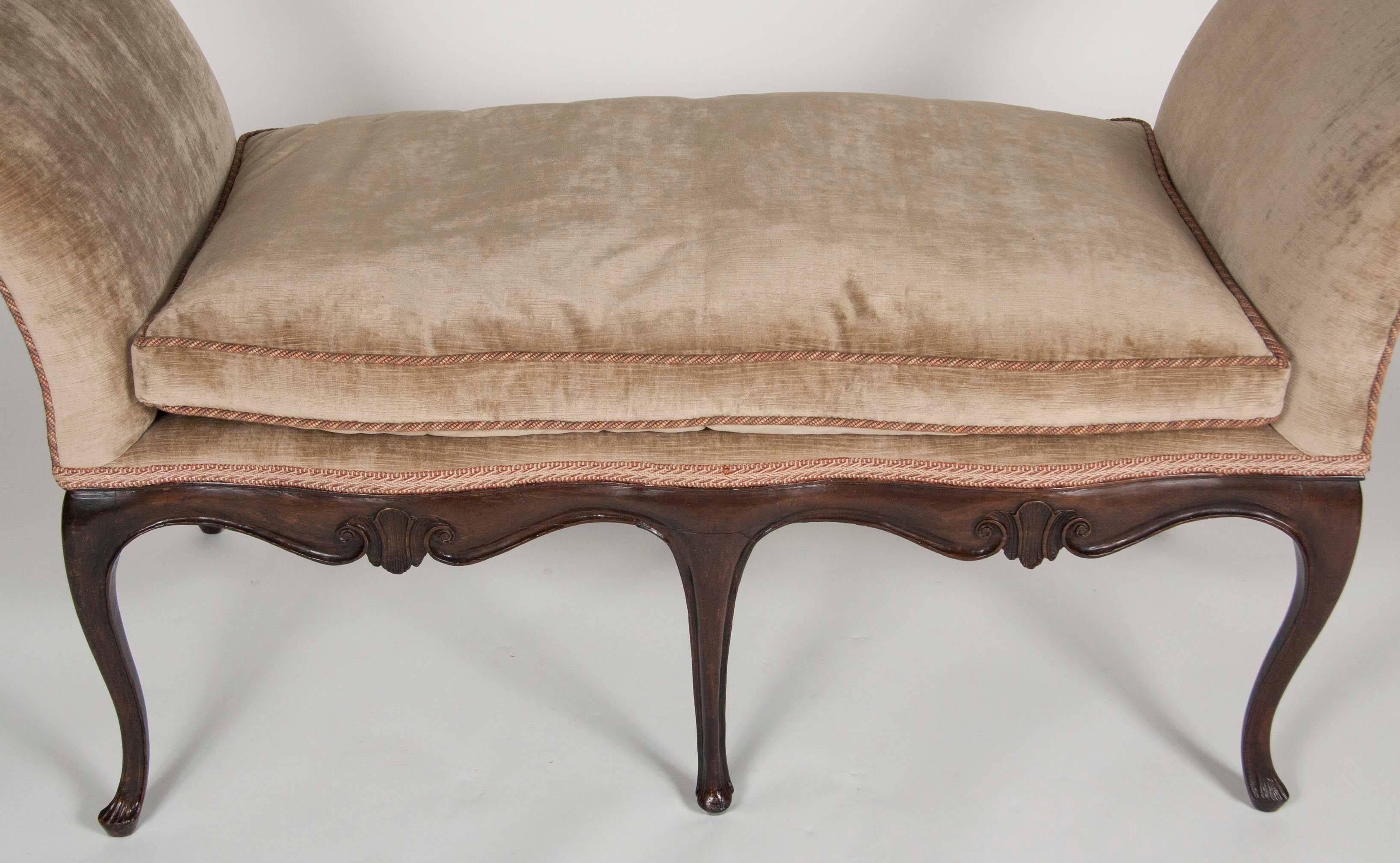 18th Century French Walnut Window Seat Upholstered in Silk Velvet