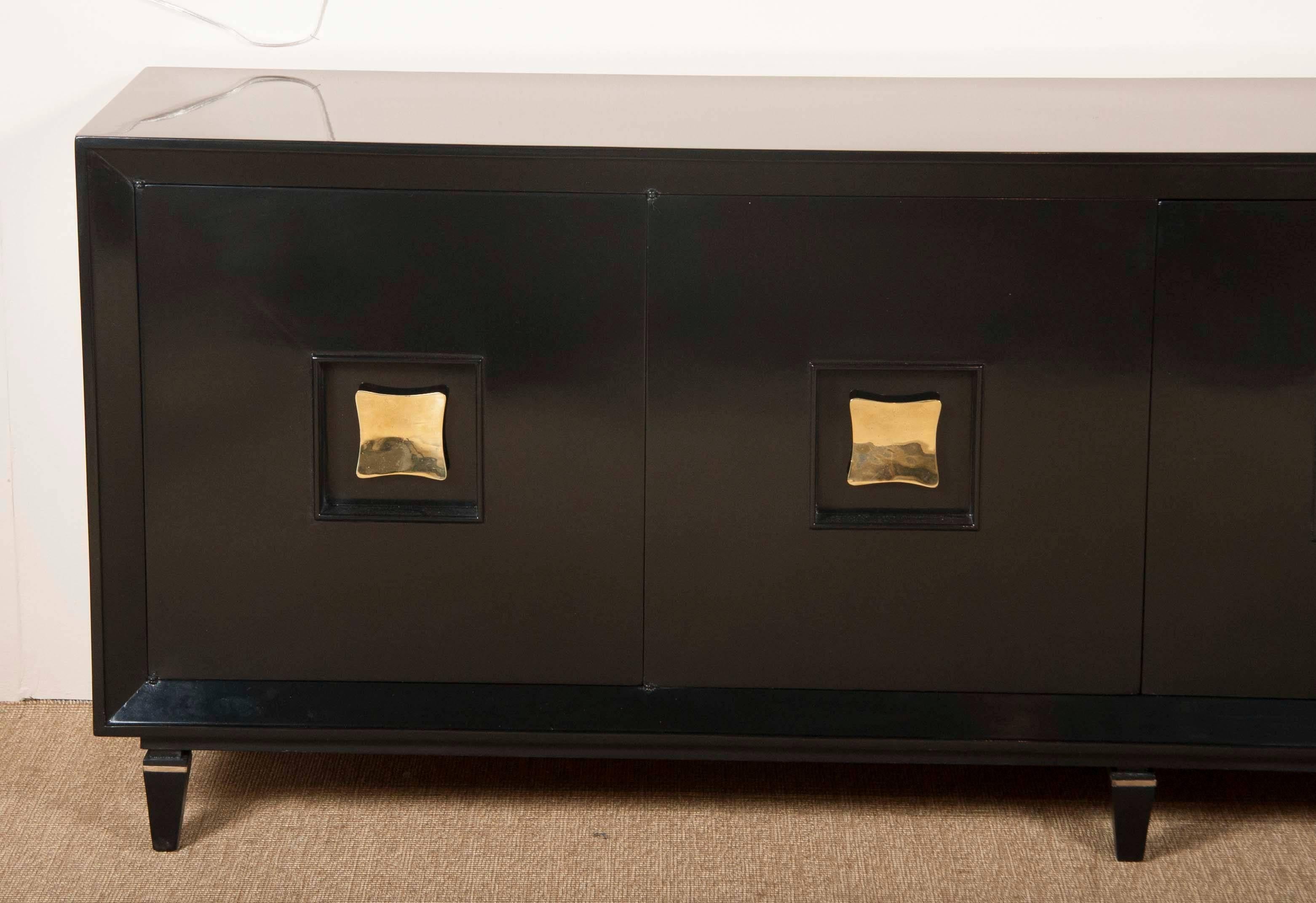 Mid-20th Century French Art Deco Black Lacquer Credenzas with Biomorphic Brass Pulls