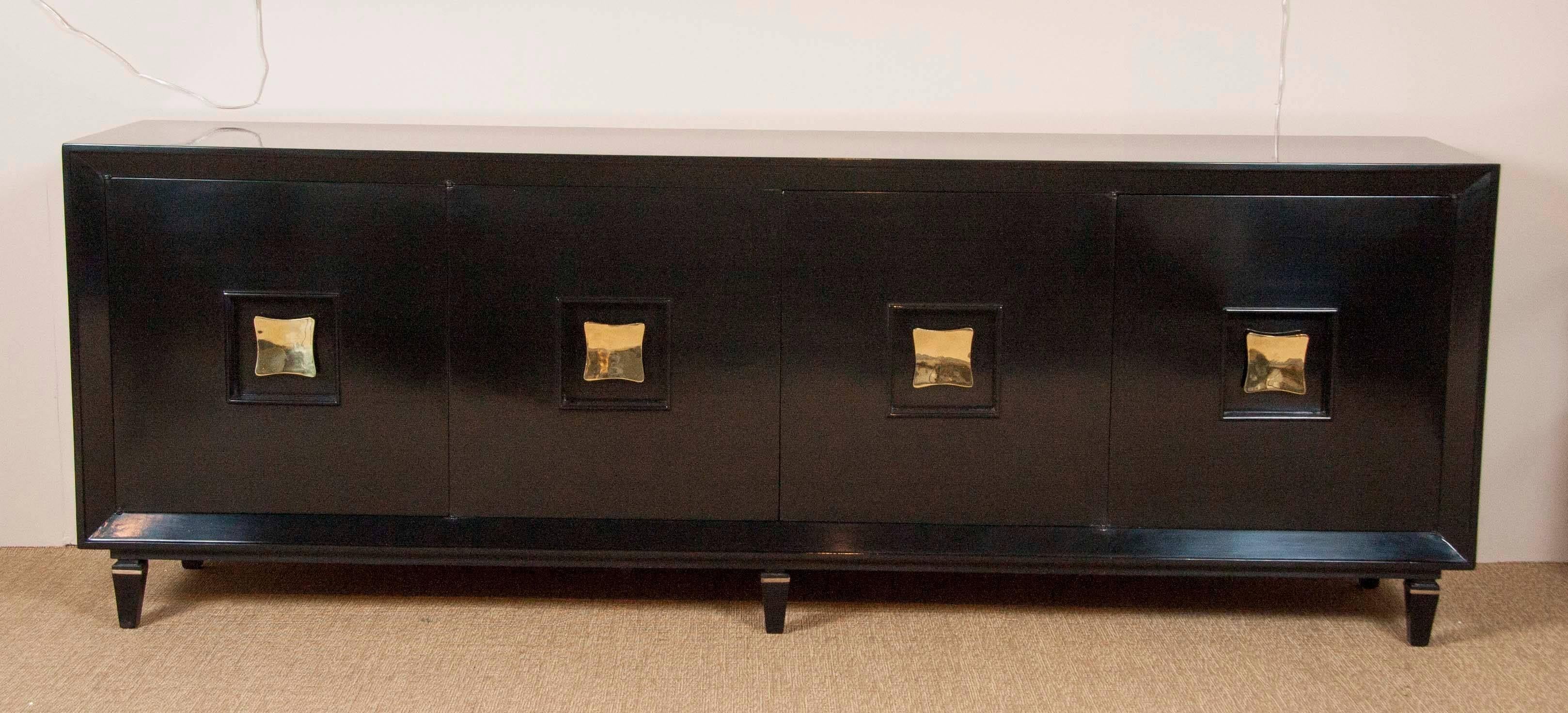 French Art Deco Black Lacquer Credenzas with Biomorphic Brass Pulls In Excellent Condition In Stamford, CT