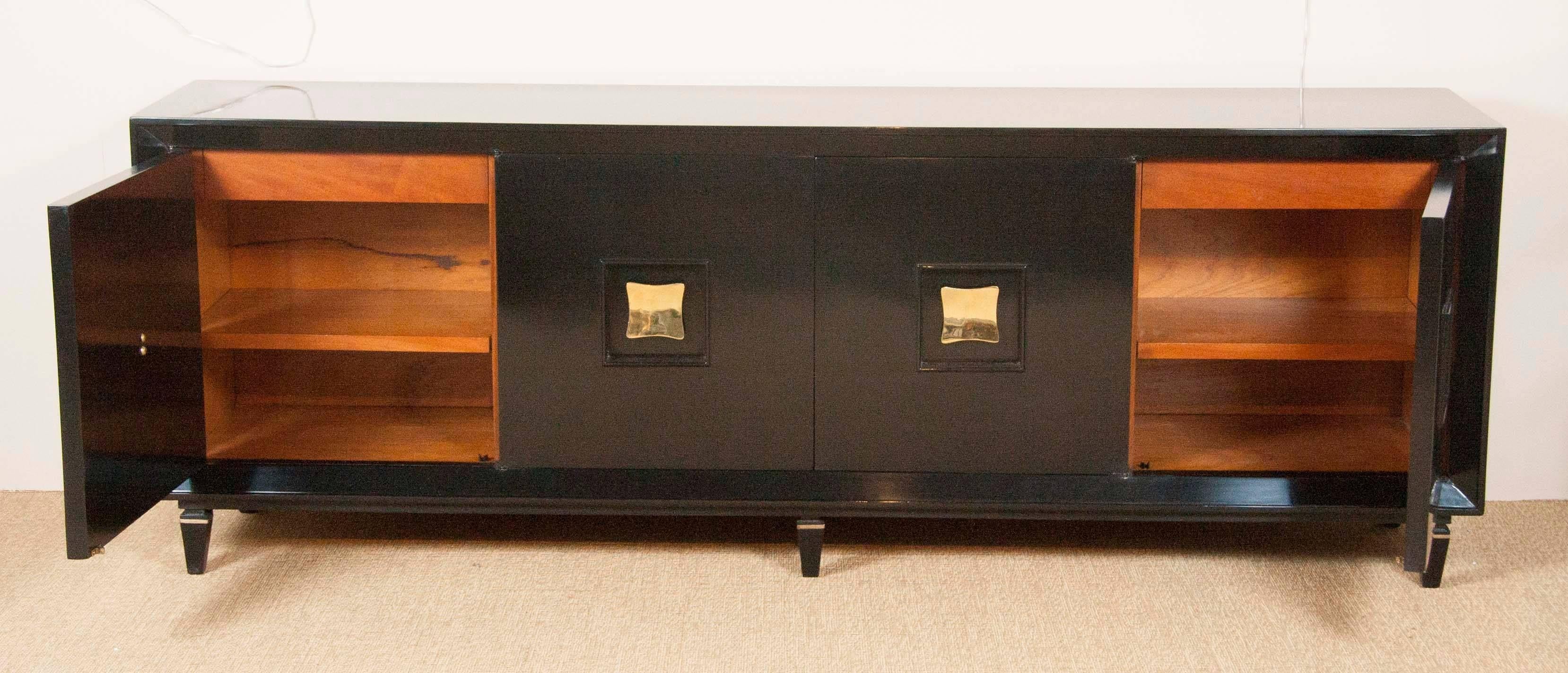 French Art Deco Black Lacquer Credenzas with Biomorphic Brass Pulls 1