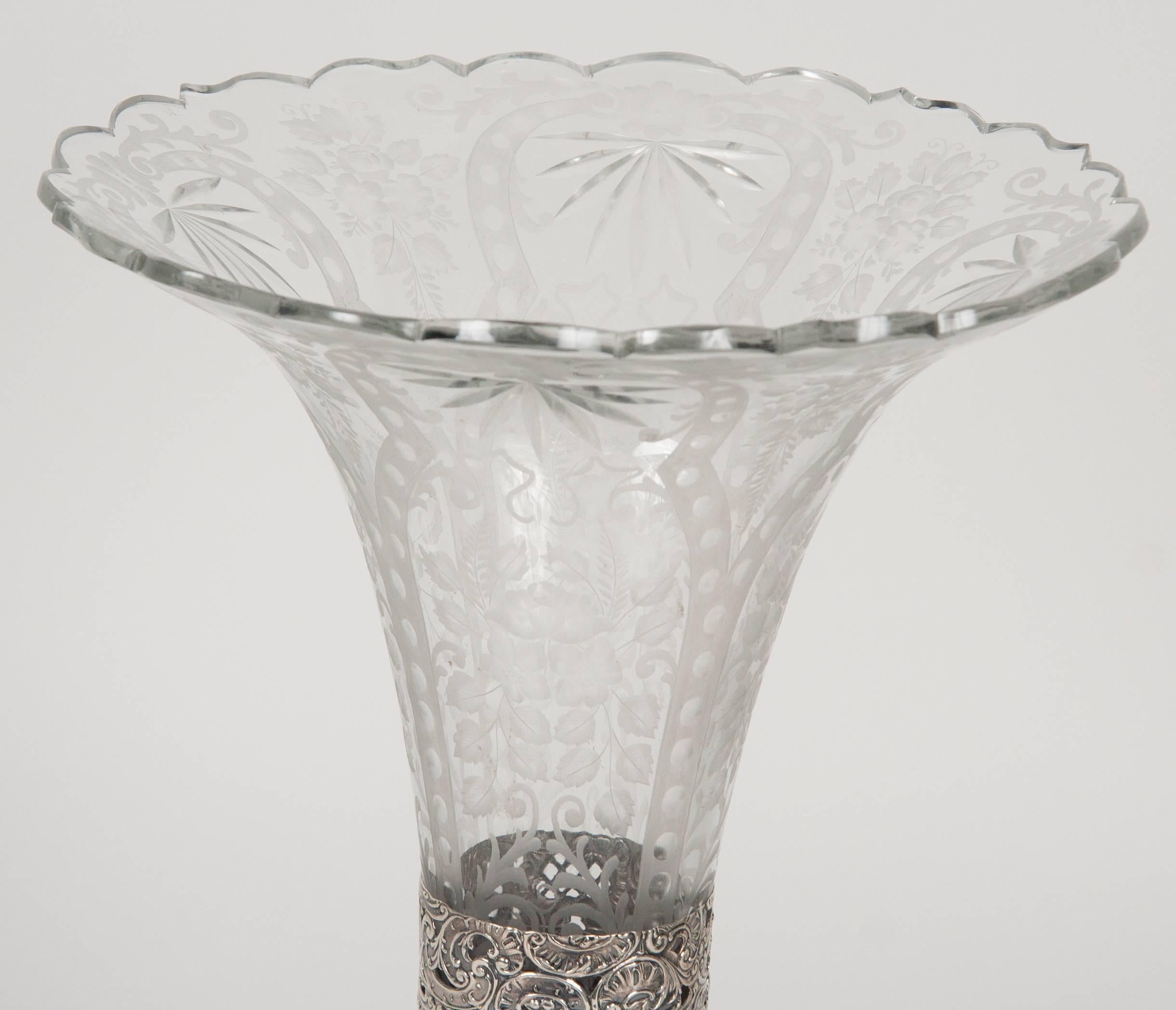 19th century Repousse' and openwork crystal vase with 800 silver base.