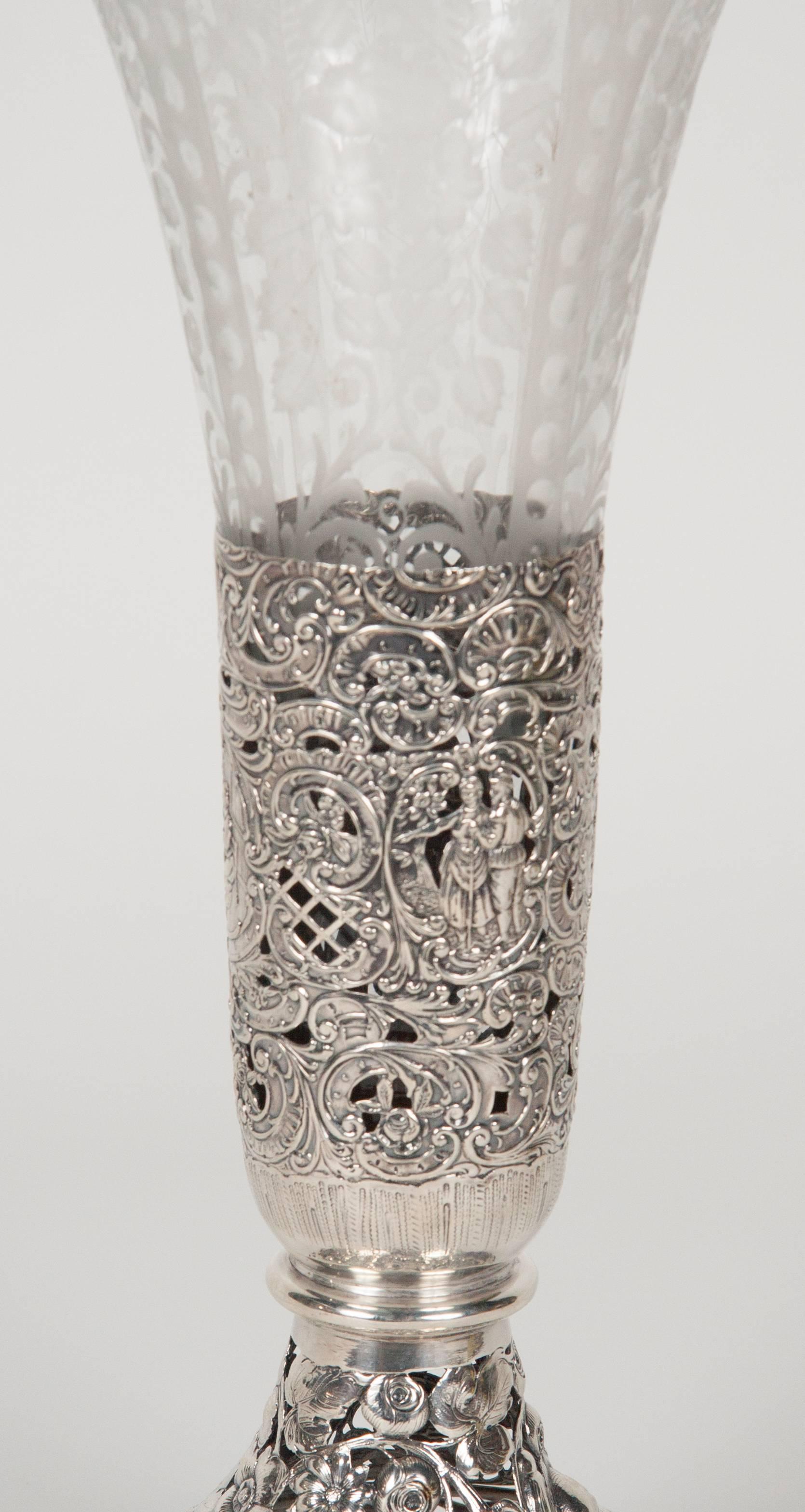 20th Century Cut Etched Crystal Vase with Silver Base For Sale