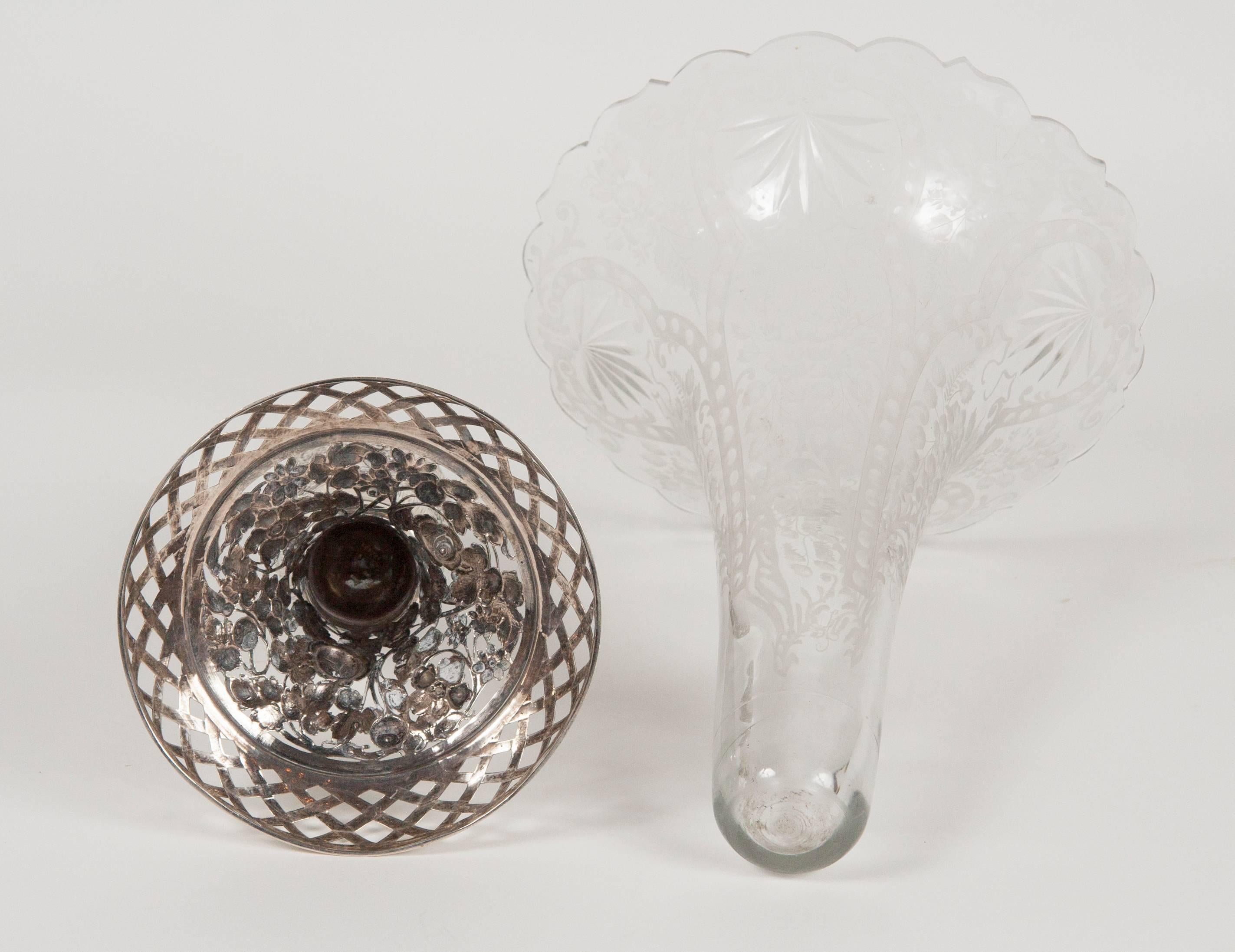 Cut Etched Crystal Vase with Silver Base For Sale 6